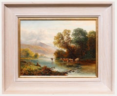 British School Late 19th Century Oil - Fisherman and Cattle