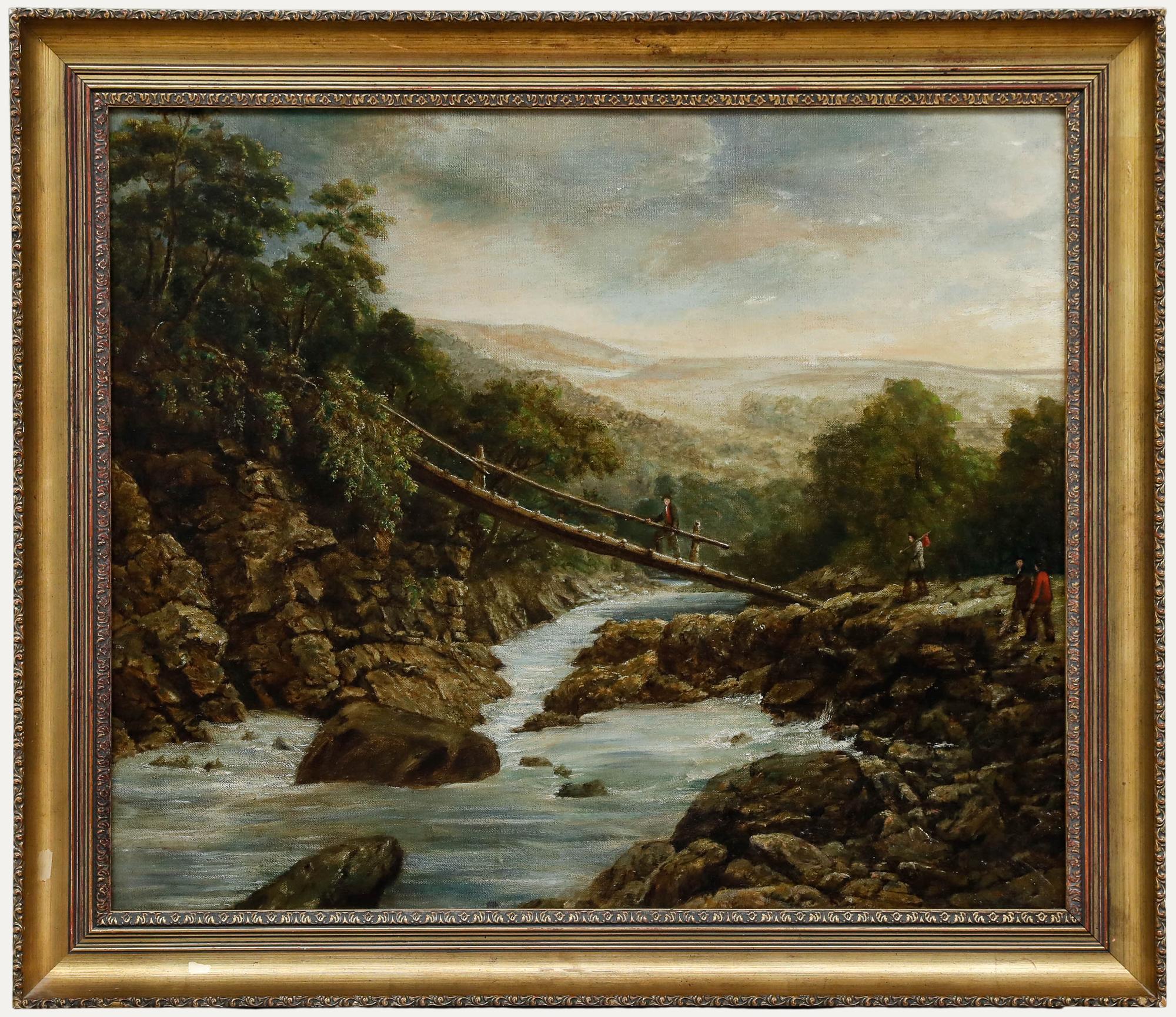 Unknown Landscape Painting - British School Mid 19th Century Oil - Perilous Bridge