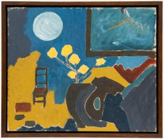 British School Mid 20th Century Oil - Interior Study with Yellow Flowers