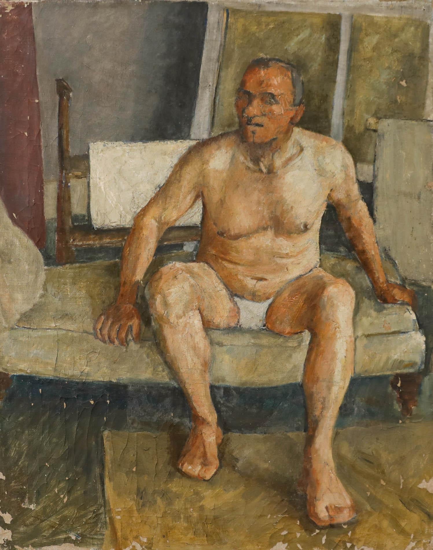 British School Mid 20th Century Oil - Seated Male Nude - Painting by Unknown