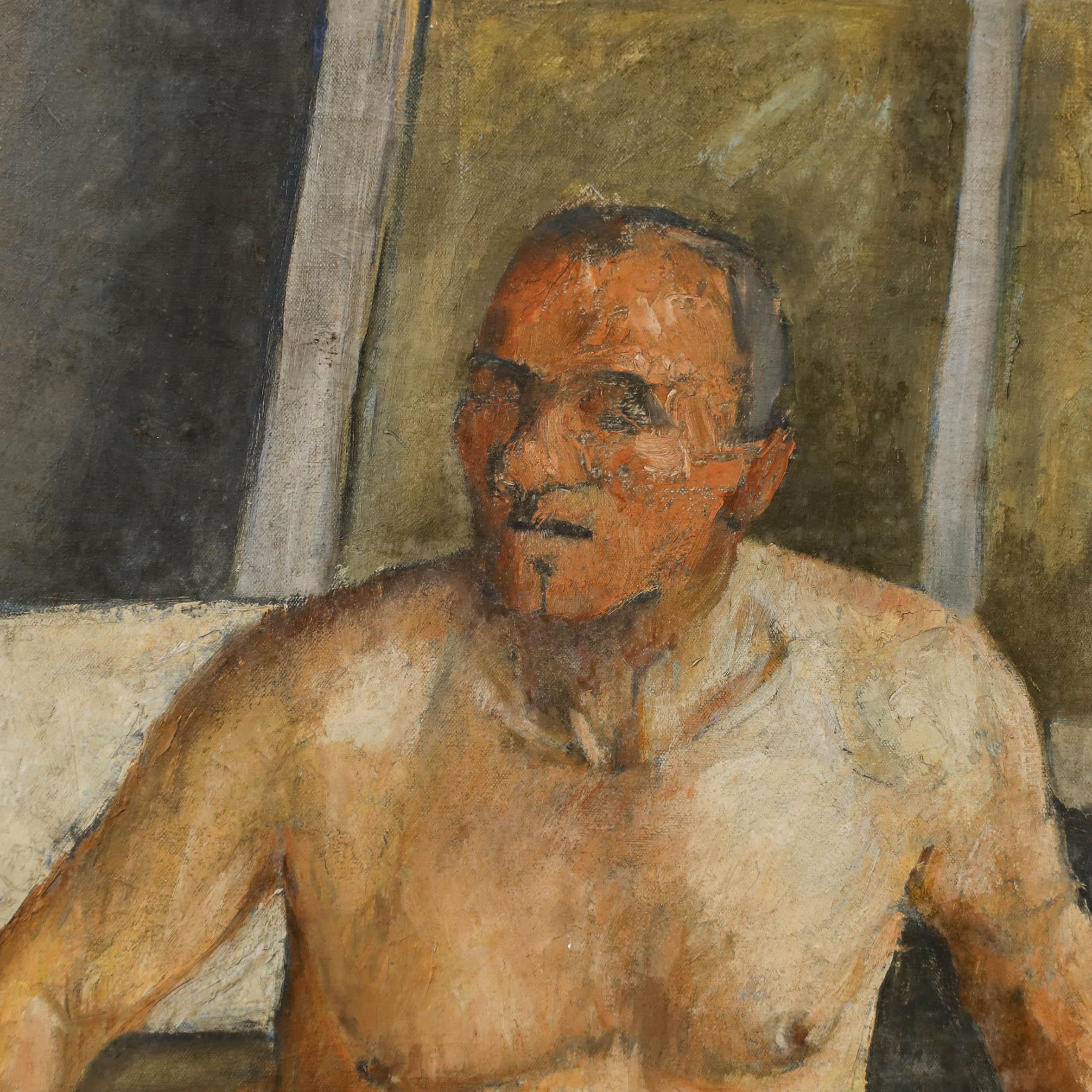 A fine mid-century still life of a seated male nude in an artist's studio. Unsigned. On canvas on stretchers.