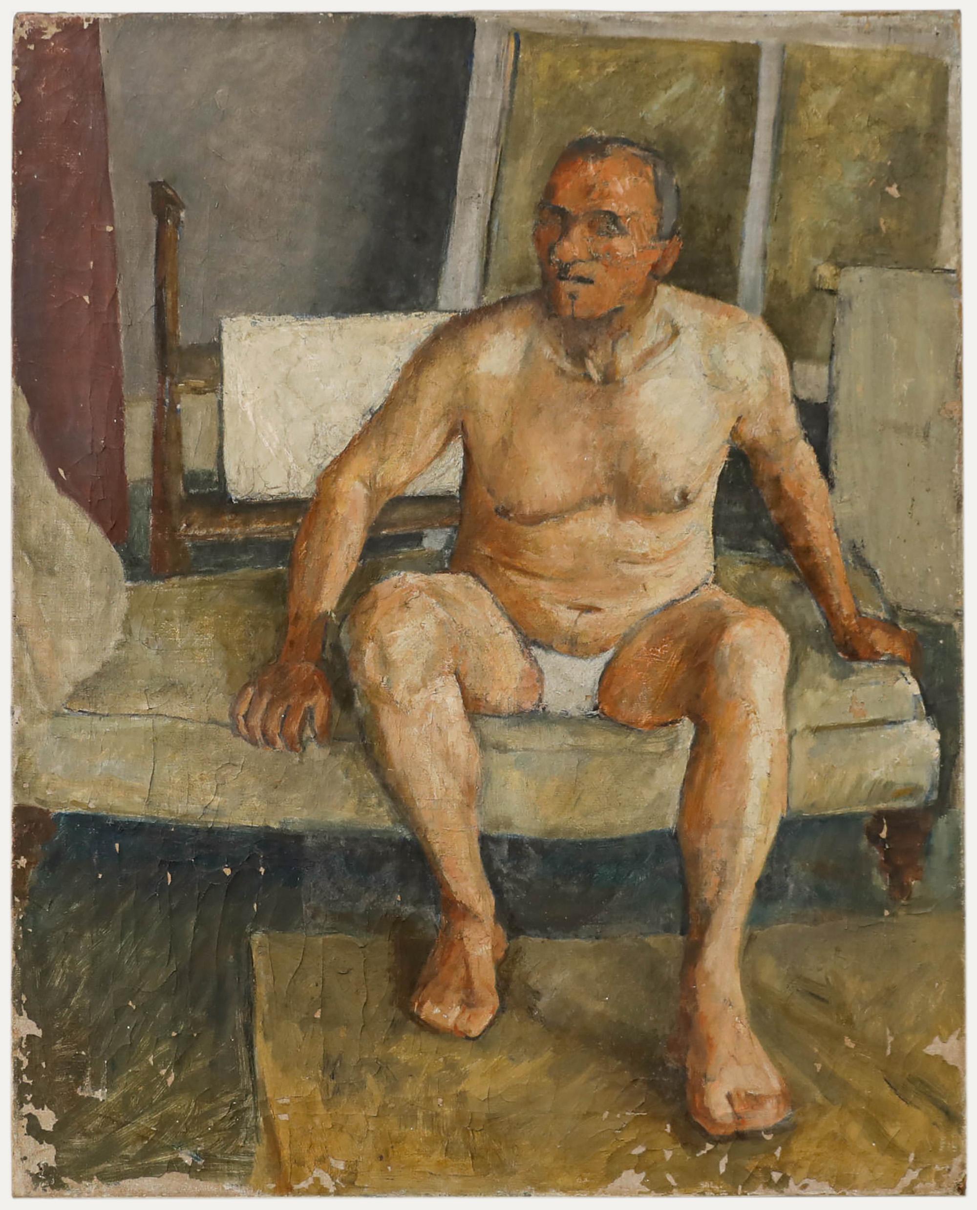 Unknown Nude Painting - British School Mid 20th Century Oil - Seated Male Nude