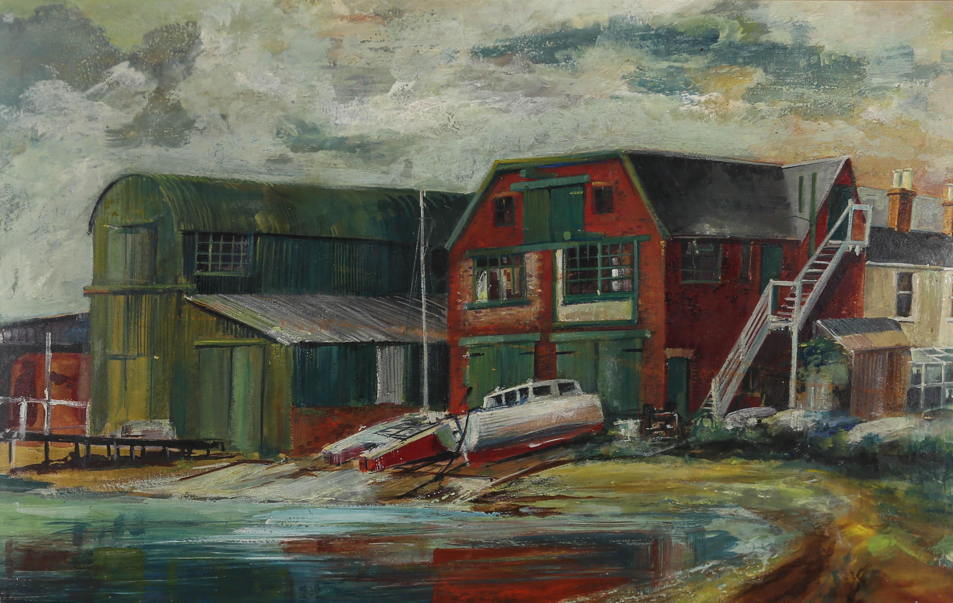 British School Mid 20th Century Oil - The Boat Yard - Painting by Unknown