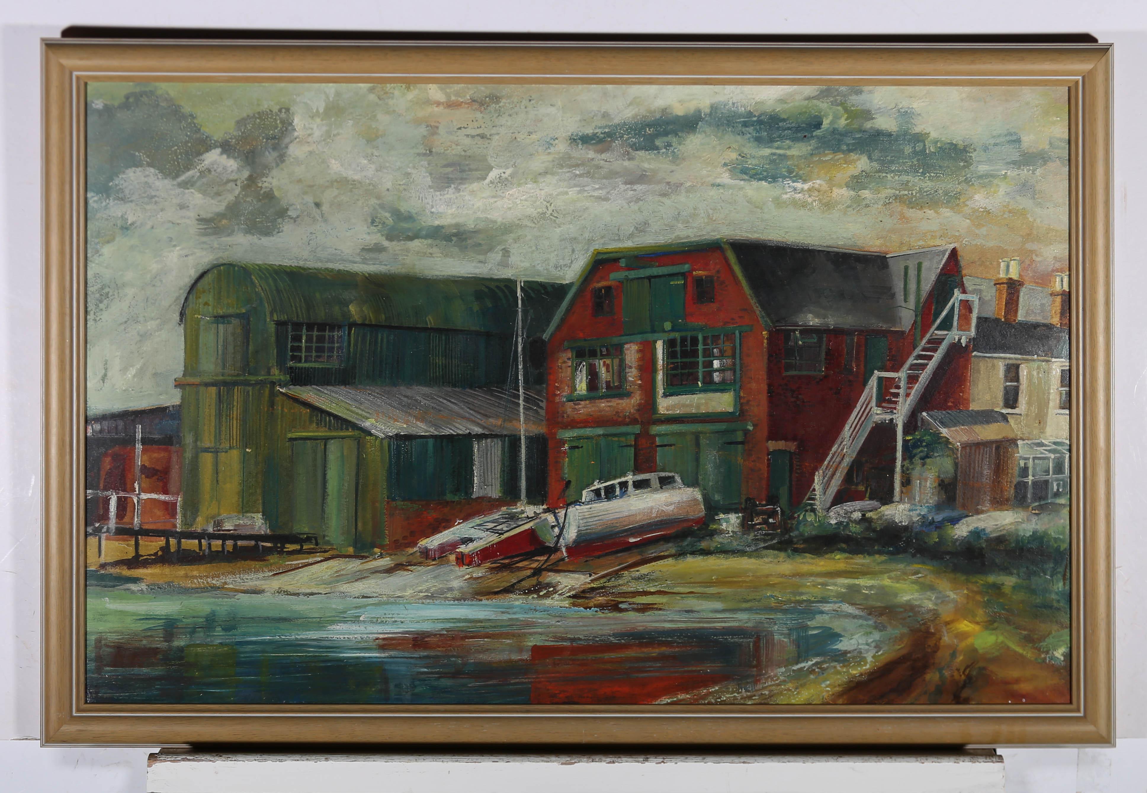 A wonderful study of an old industrial English boatyard with red brick outhouses and little fishing boats. Well presented in a contemporary wood frame. Unsigned. On board.
