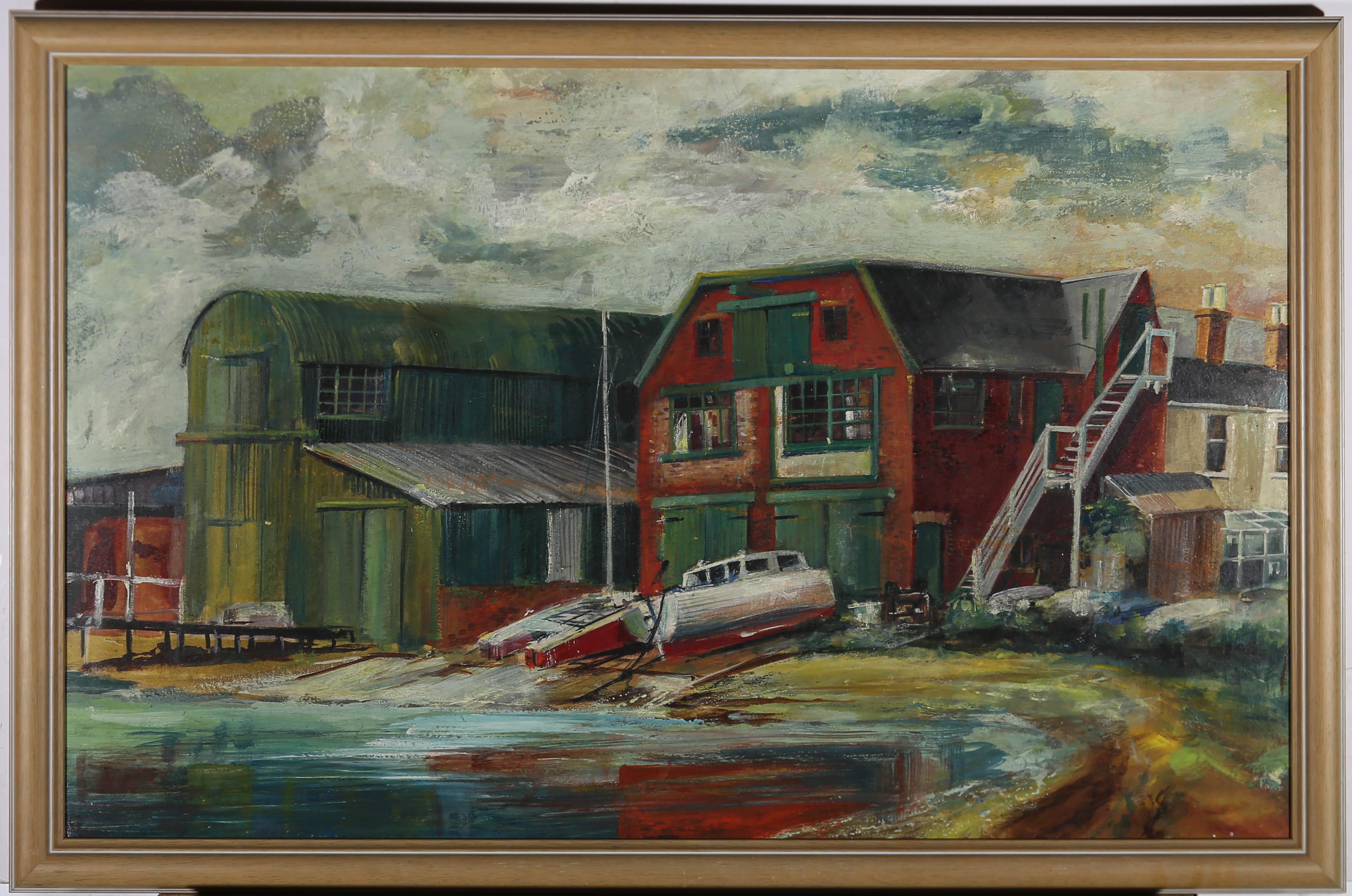 Unknown Landscape Painting - British School Mid 20th Century Oil - The Boat Yard