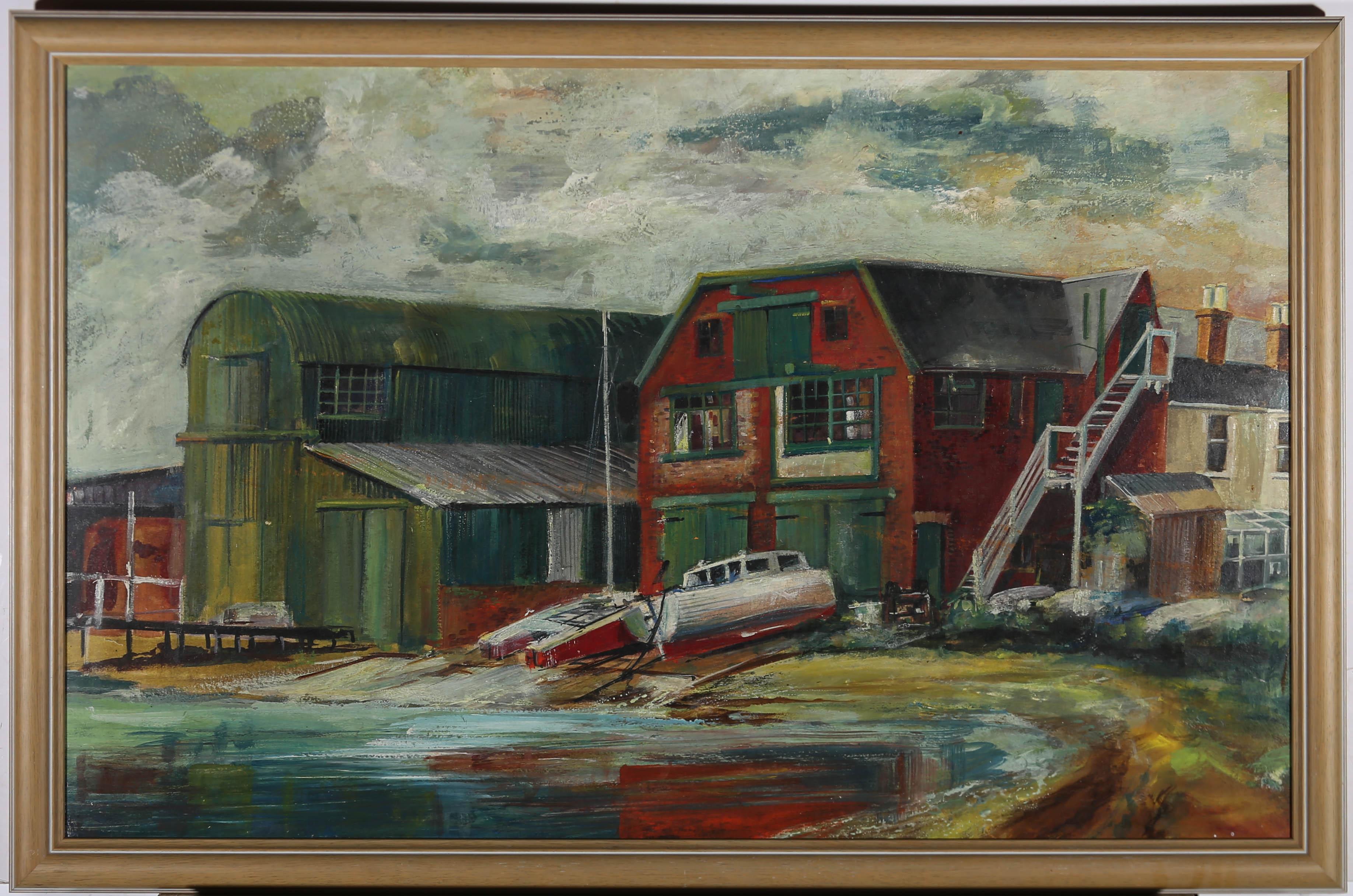 Unknown Landscape Painting – Britische Schule Mitte des 20. Jahrhunderts Öl - Die Bootswerft