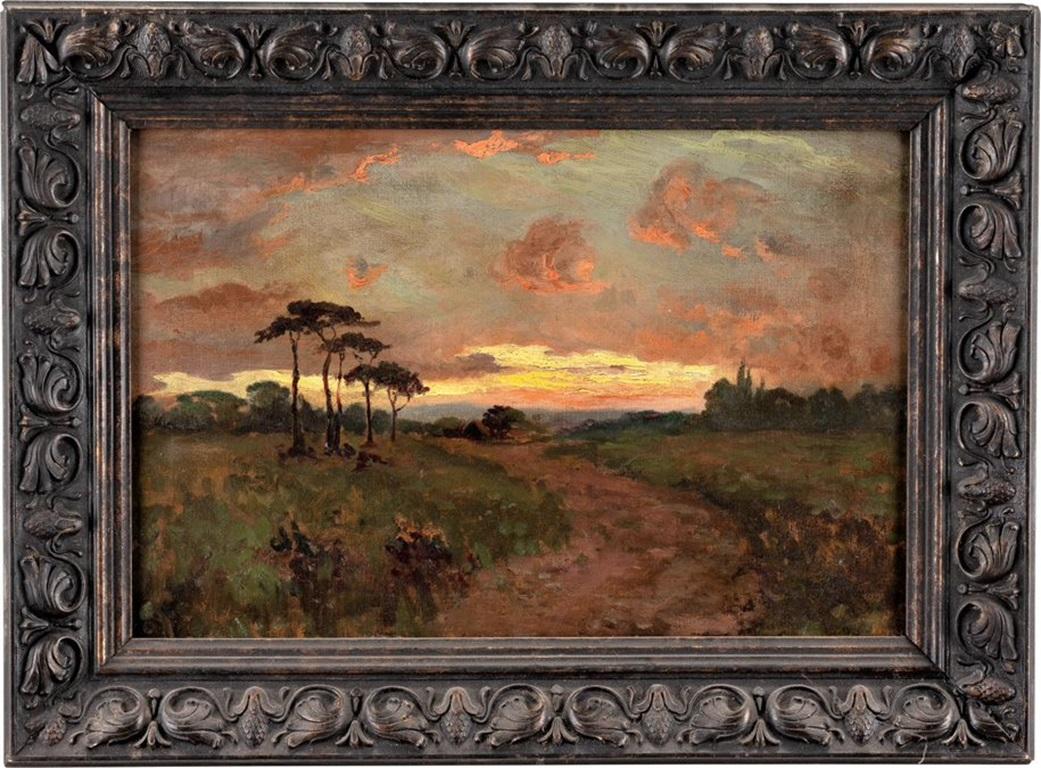 British school Sunset Oil on canvas  - Brown Landscape Painting by Unknown