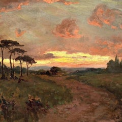 Antique British school Sunset Oil on canvas 