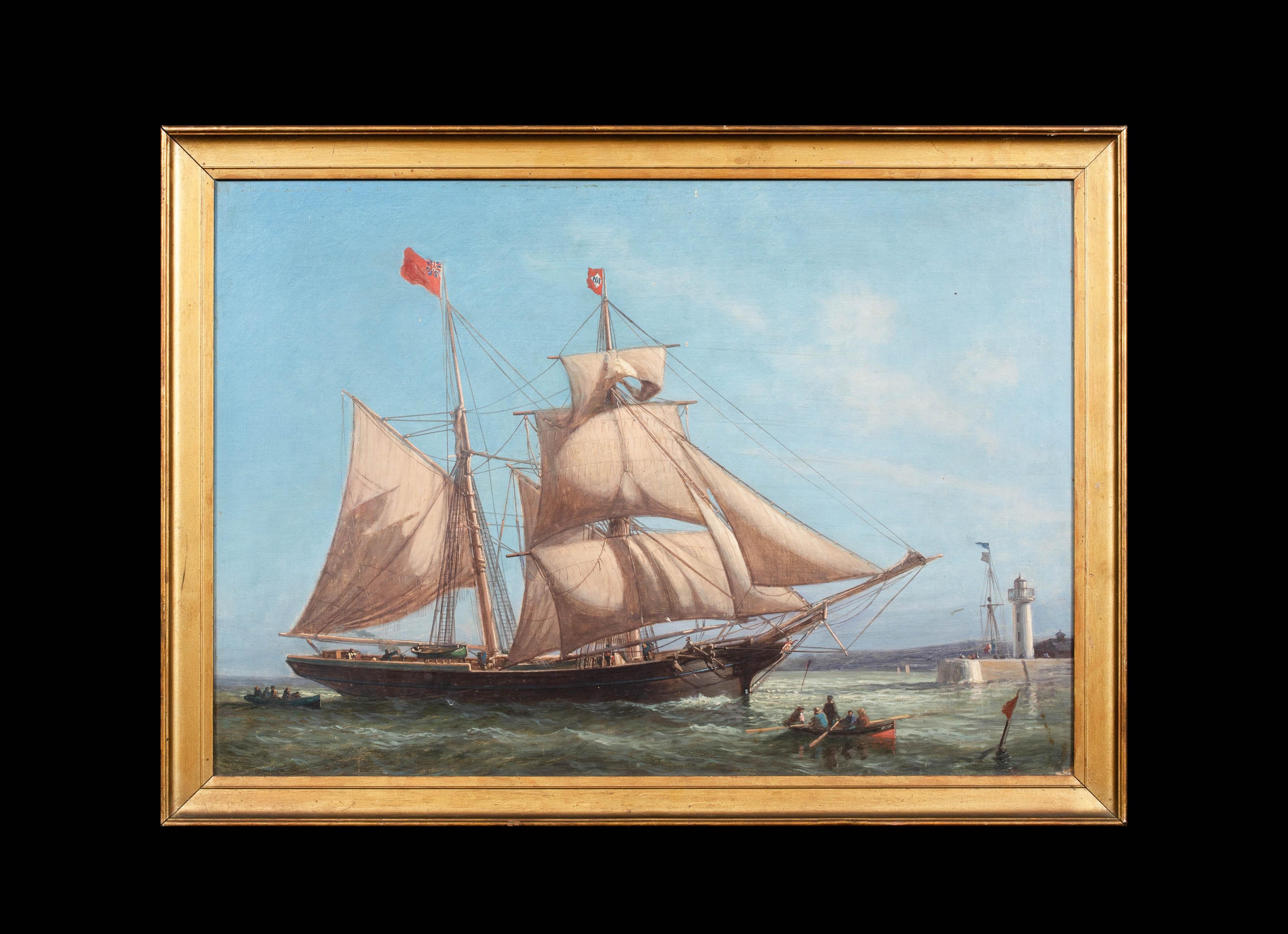 British Schooner Ship Entering Jersey / Guernsey Harbour Port, 19th Century - Painting by Unknown
