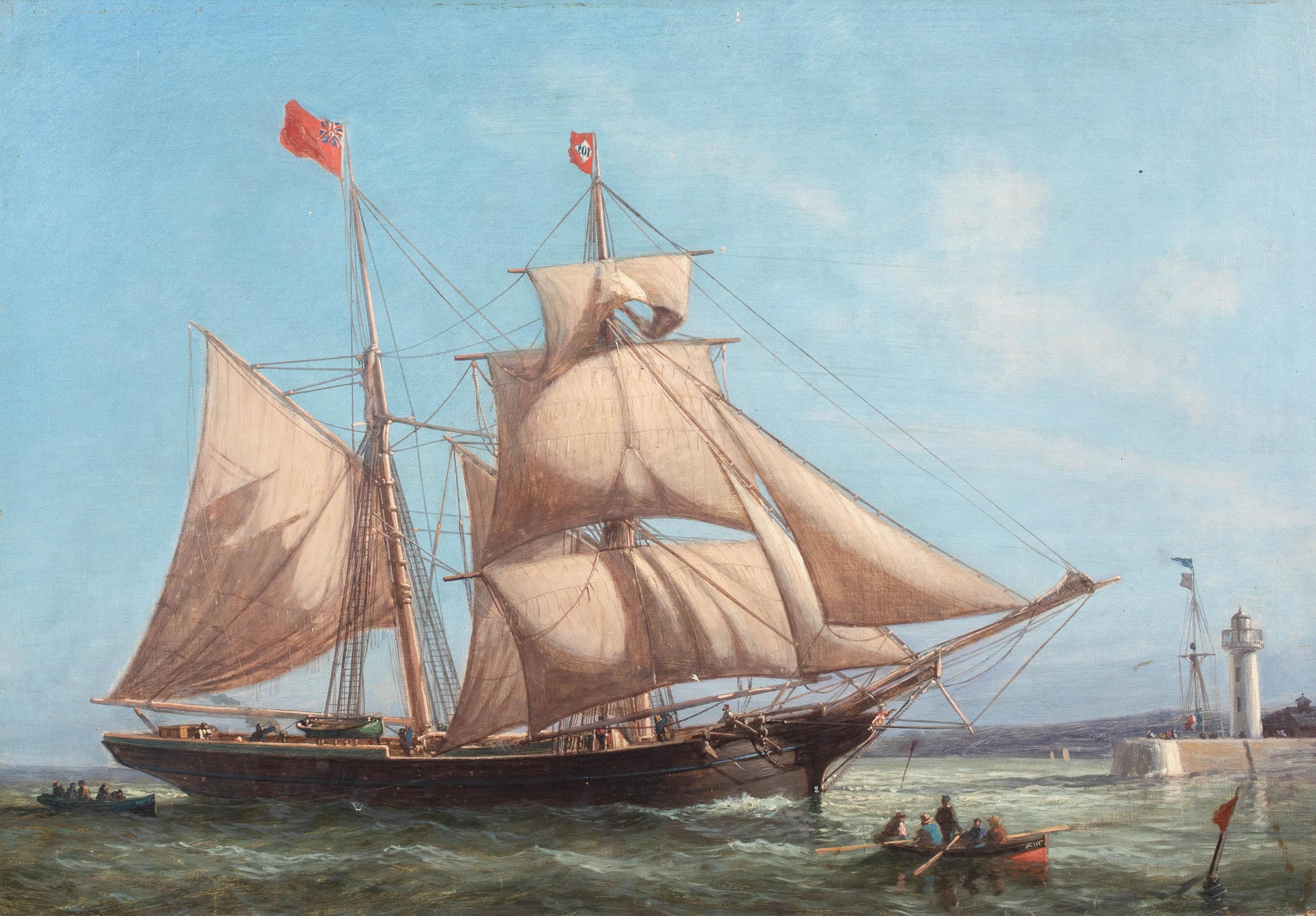 Nave goletta britannica che entra nel porto di Jersey / Guernsey, XIX secolo - Landscape Painting Grigio di Unknown