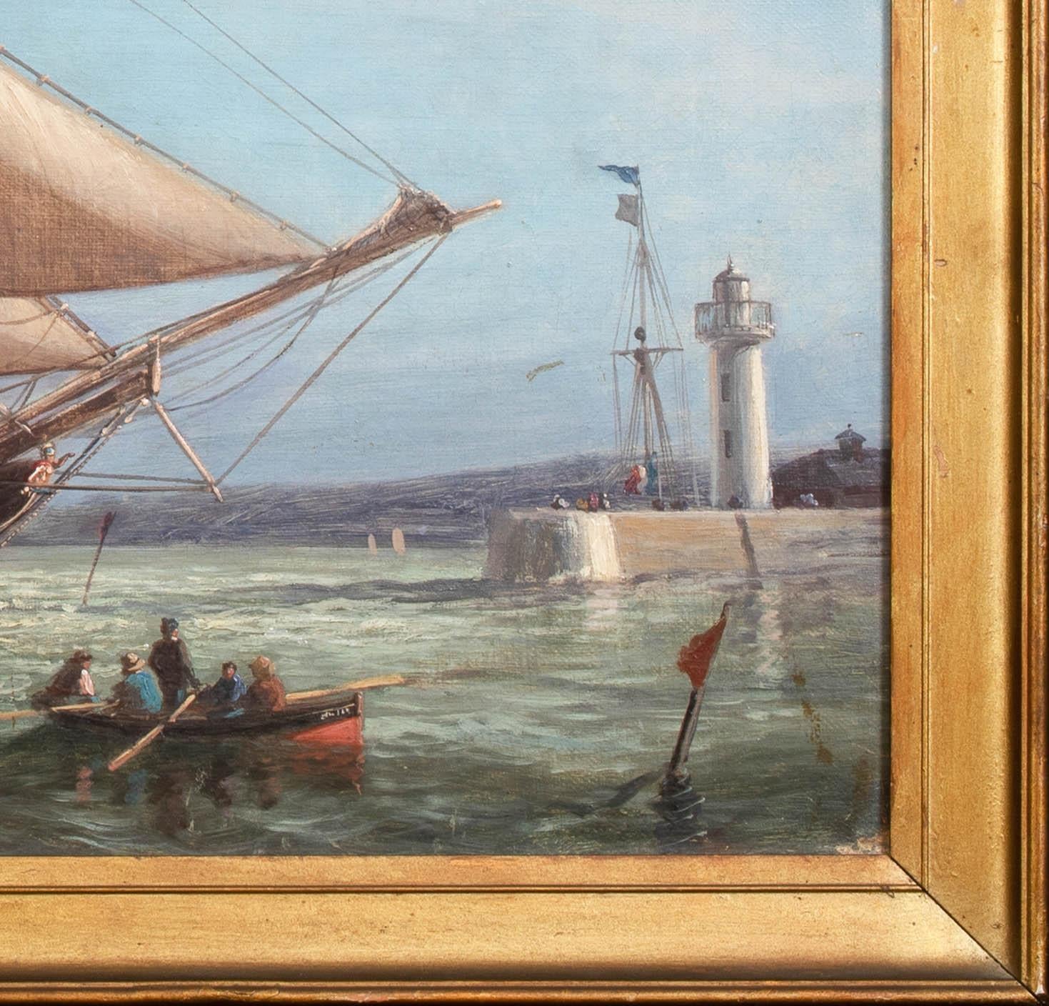 British Schooner Ship Entering Jersey / Guernsey Harbour Port, 19th Century - Gray Landscape Painting by Unknown