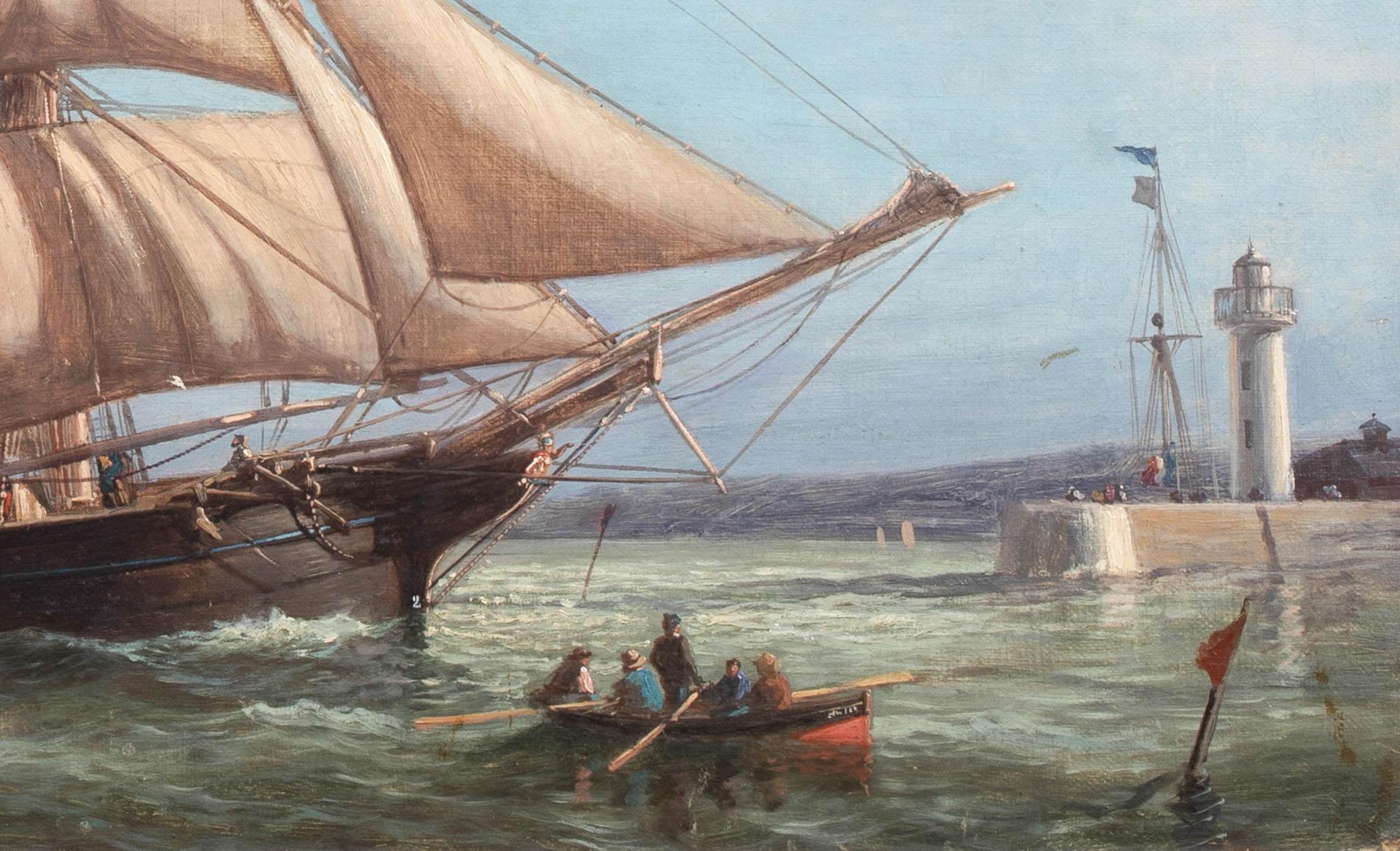 Britisches Schooner-Schiff, das Jersey/Guernsey- Hafen porträtiert, 19. Jahrhundert (Grau), Landscape Painting, von Unknown