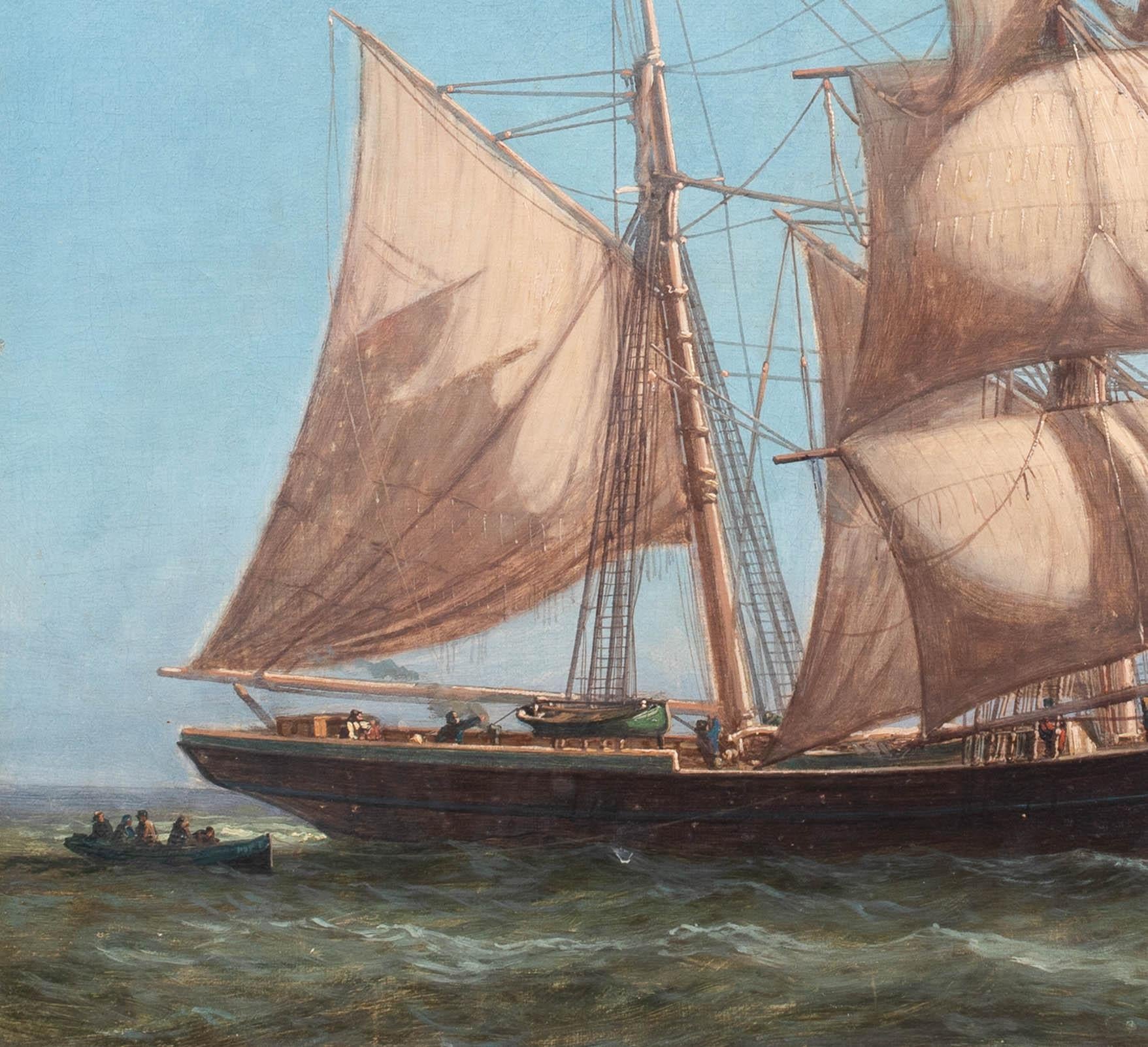 British Schooner Ship Entering Jersey / Guernsey Harbour Port, 19th Century For Sale 1