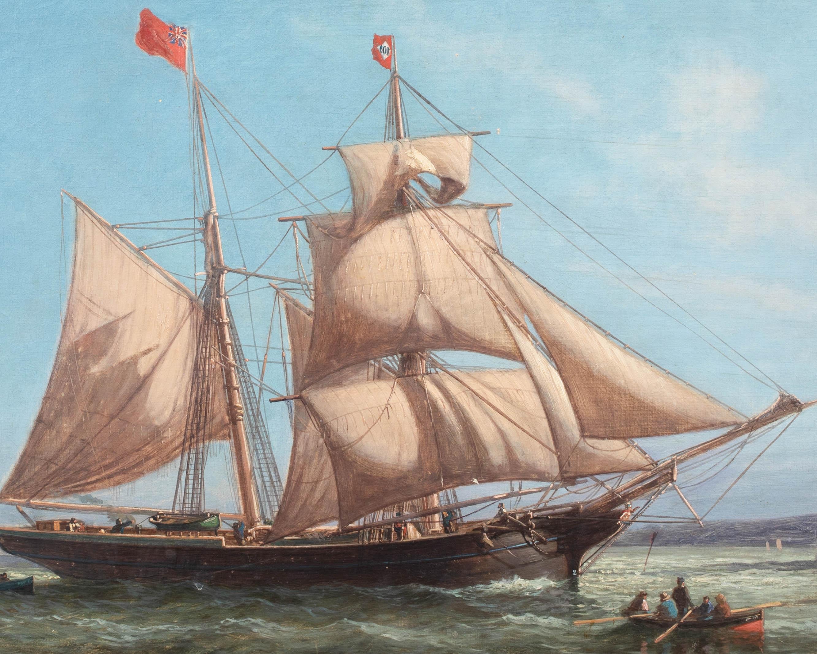 British Schooner Ship Entering Jersey / Guernsey Harbour Port, 19th Century For Sale 2