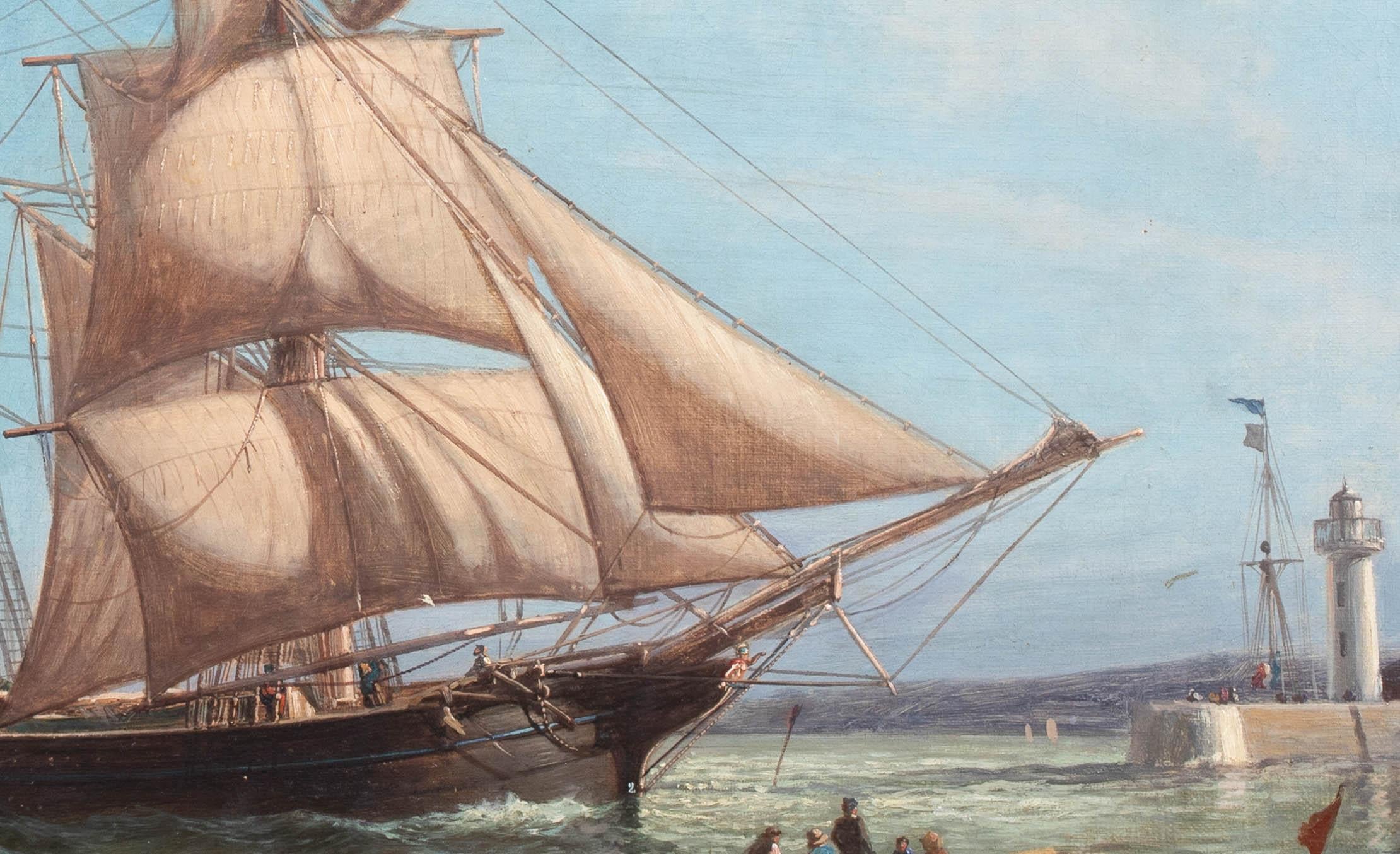 British Schooner Ship Entering Jersey / Guernsey Harbour Port, 19th Century For Sale 2