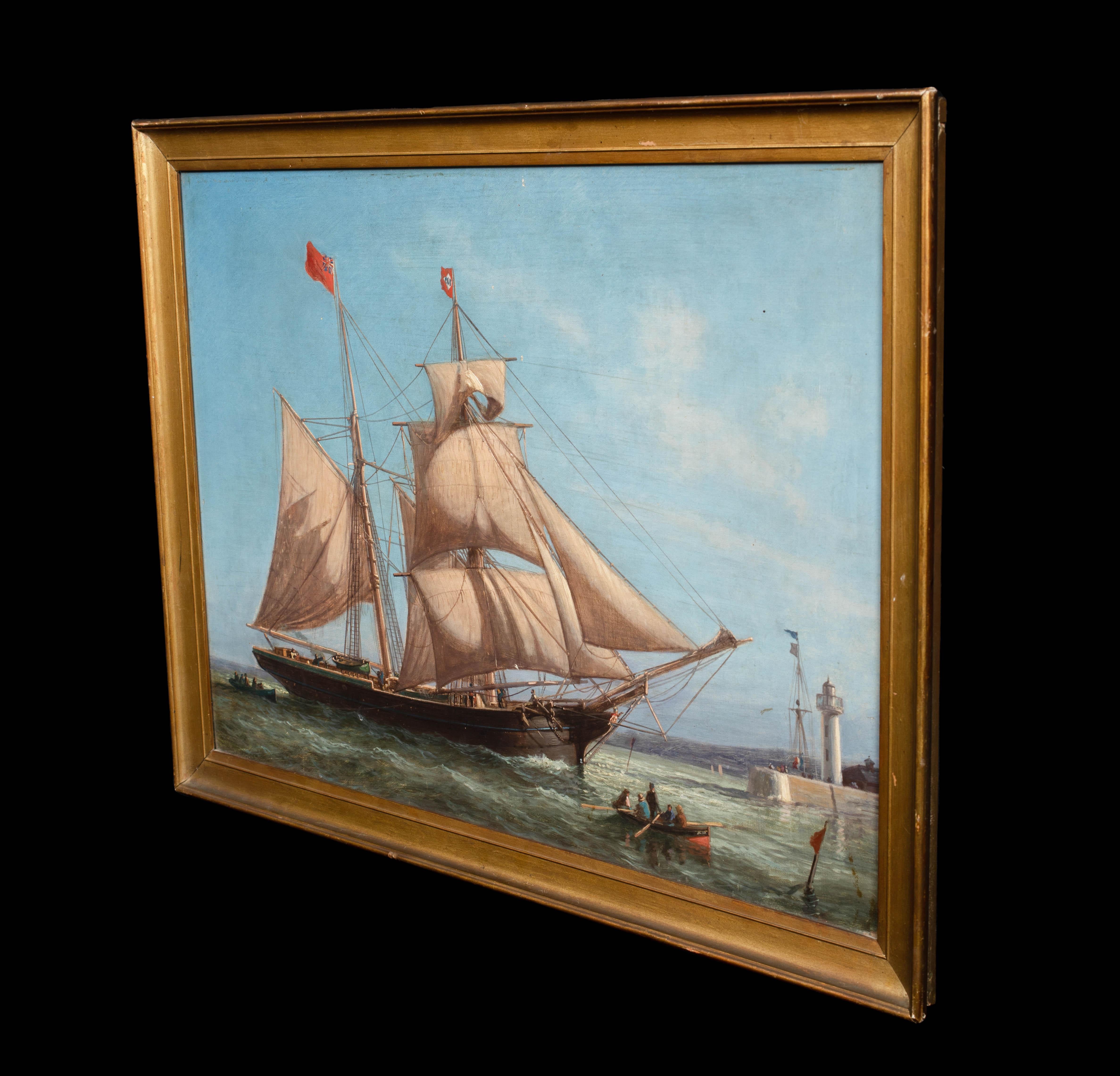 British Schooner Ship Entering Jersey / Guernsey Harbour Port, 19th Century For Sale 3