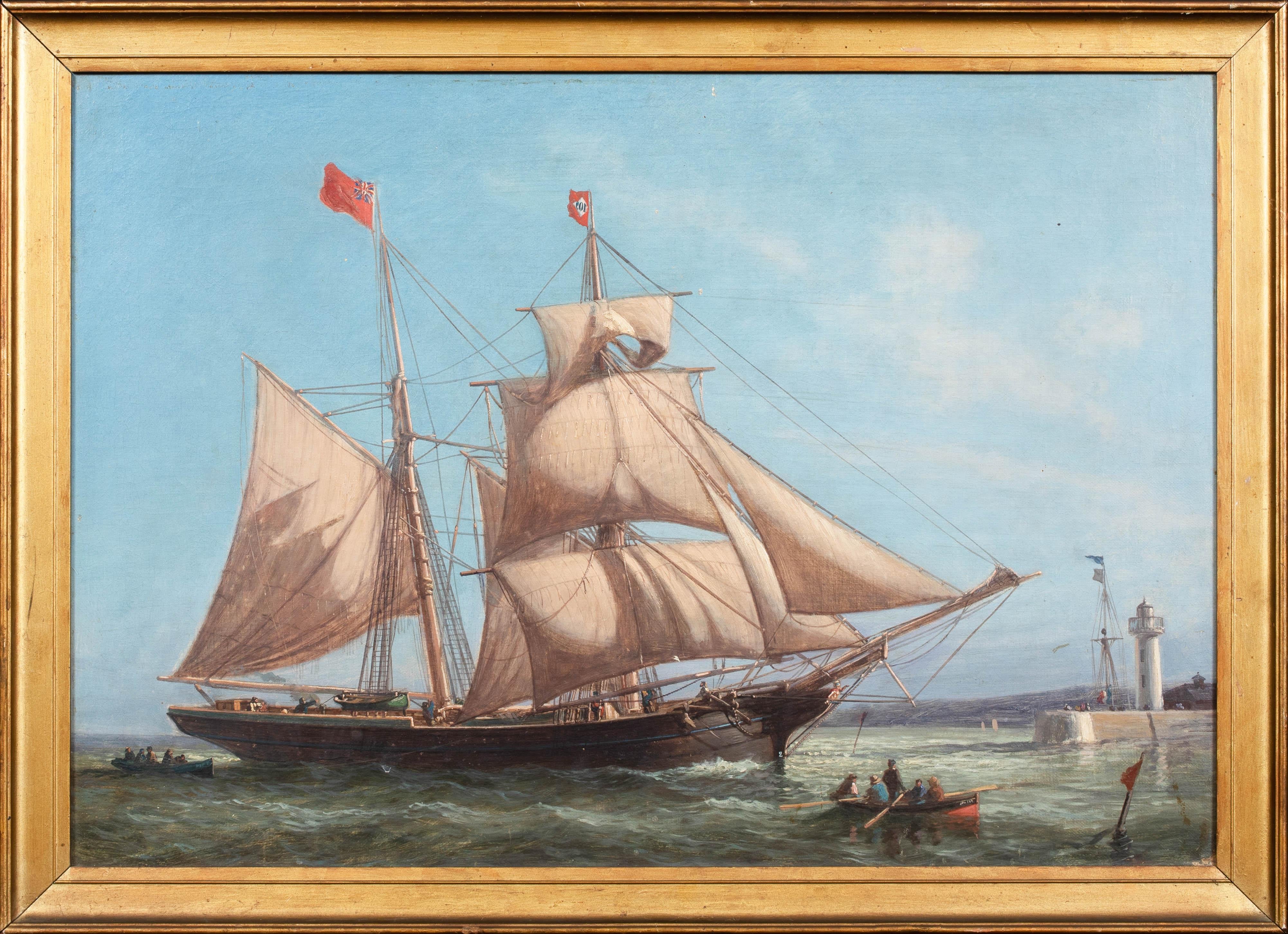 Landscape Painting di Unknown - Nave goletta britannica che entra nel porto di Jersey / Guernsey, XIX secolo