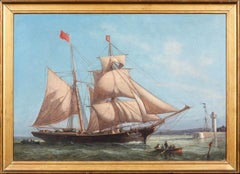 British Schooner Ship Entering Jersey / Guernsey Harbour Port, 19th Century