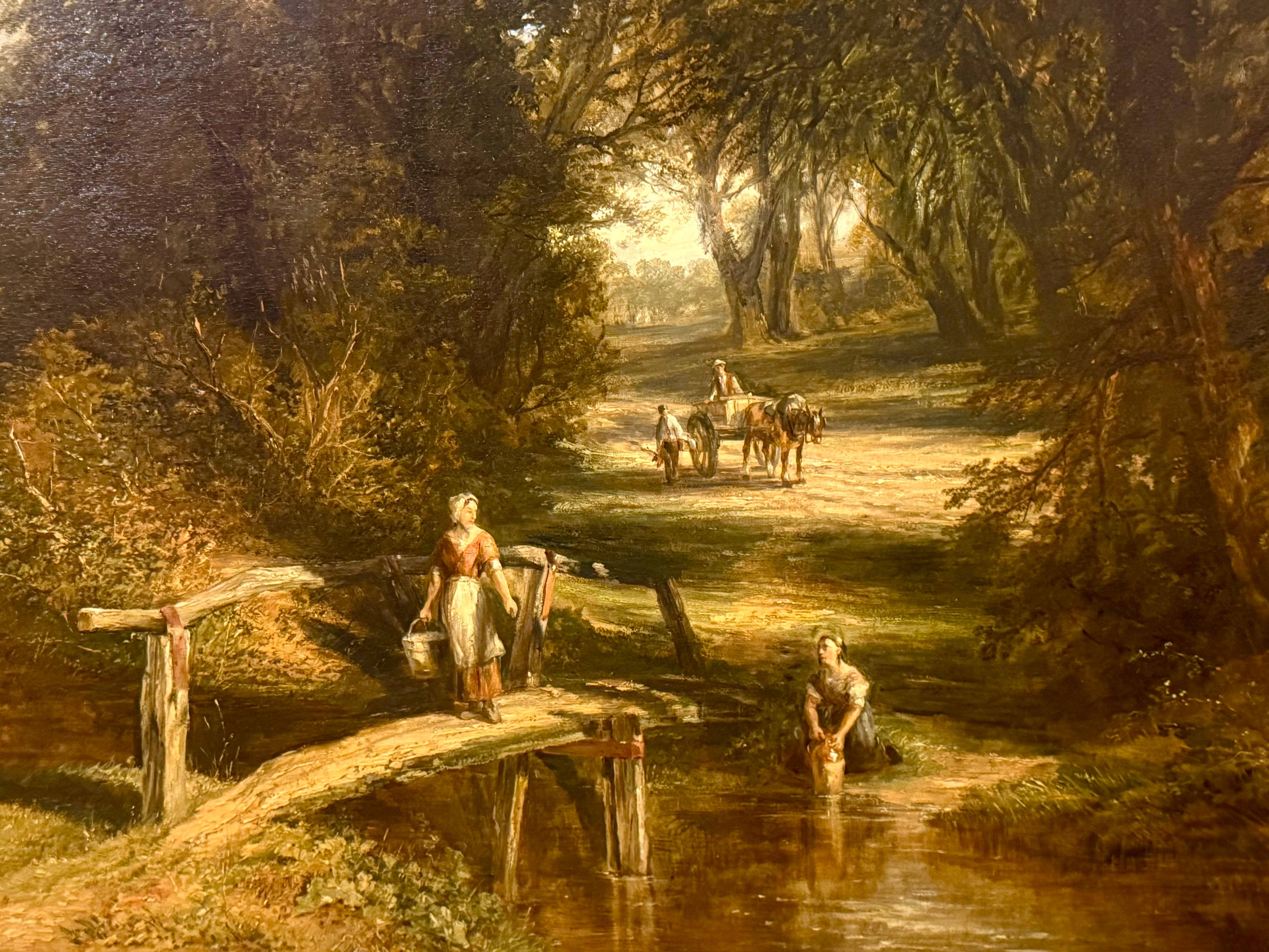 Figures in Woodland and River Scene, 19th century - Painting by Unknown