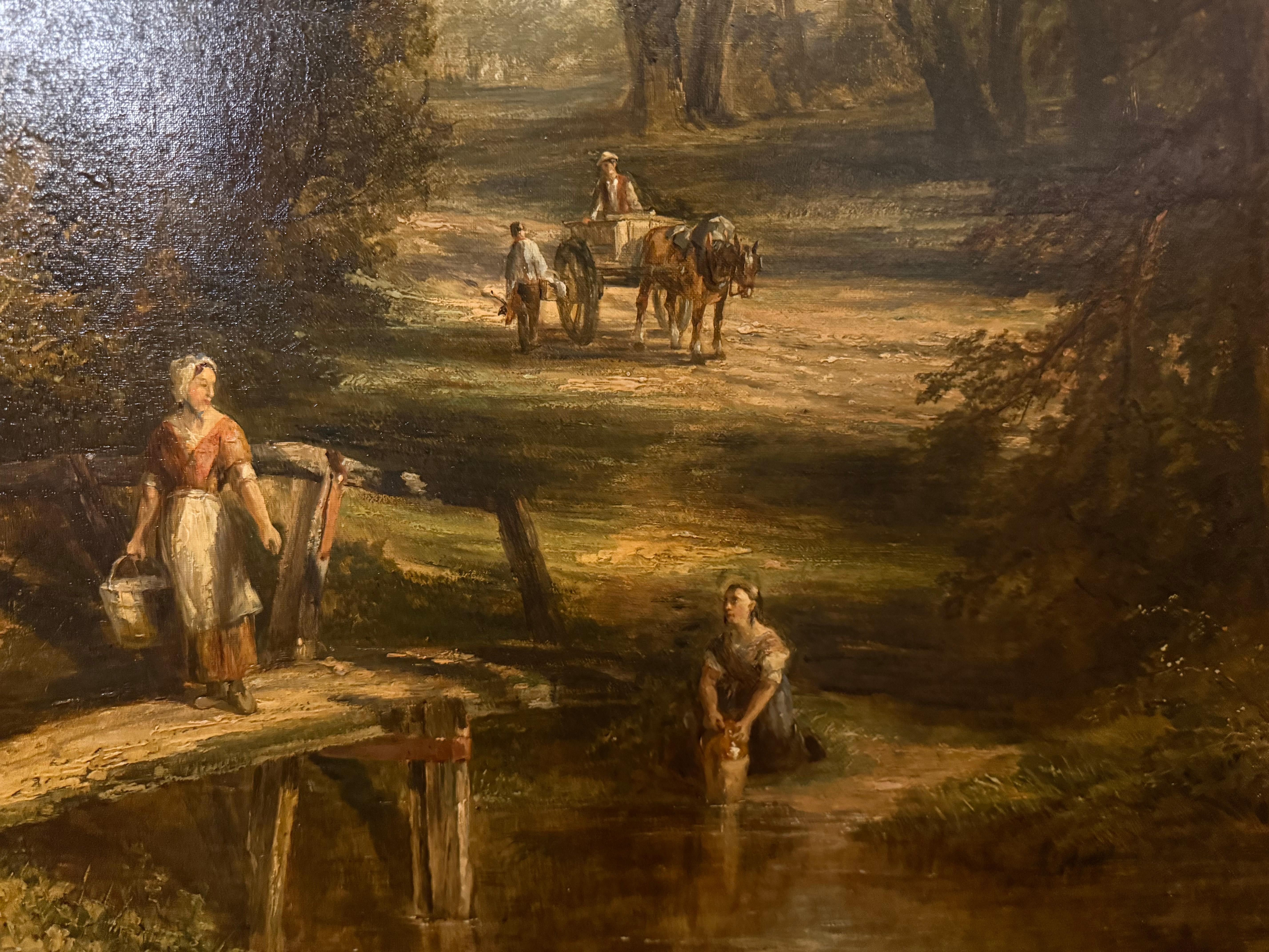 Figures in Woodland and River Scene, 19th century - Brown Figurative Painting by Unknown