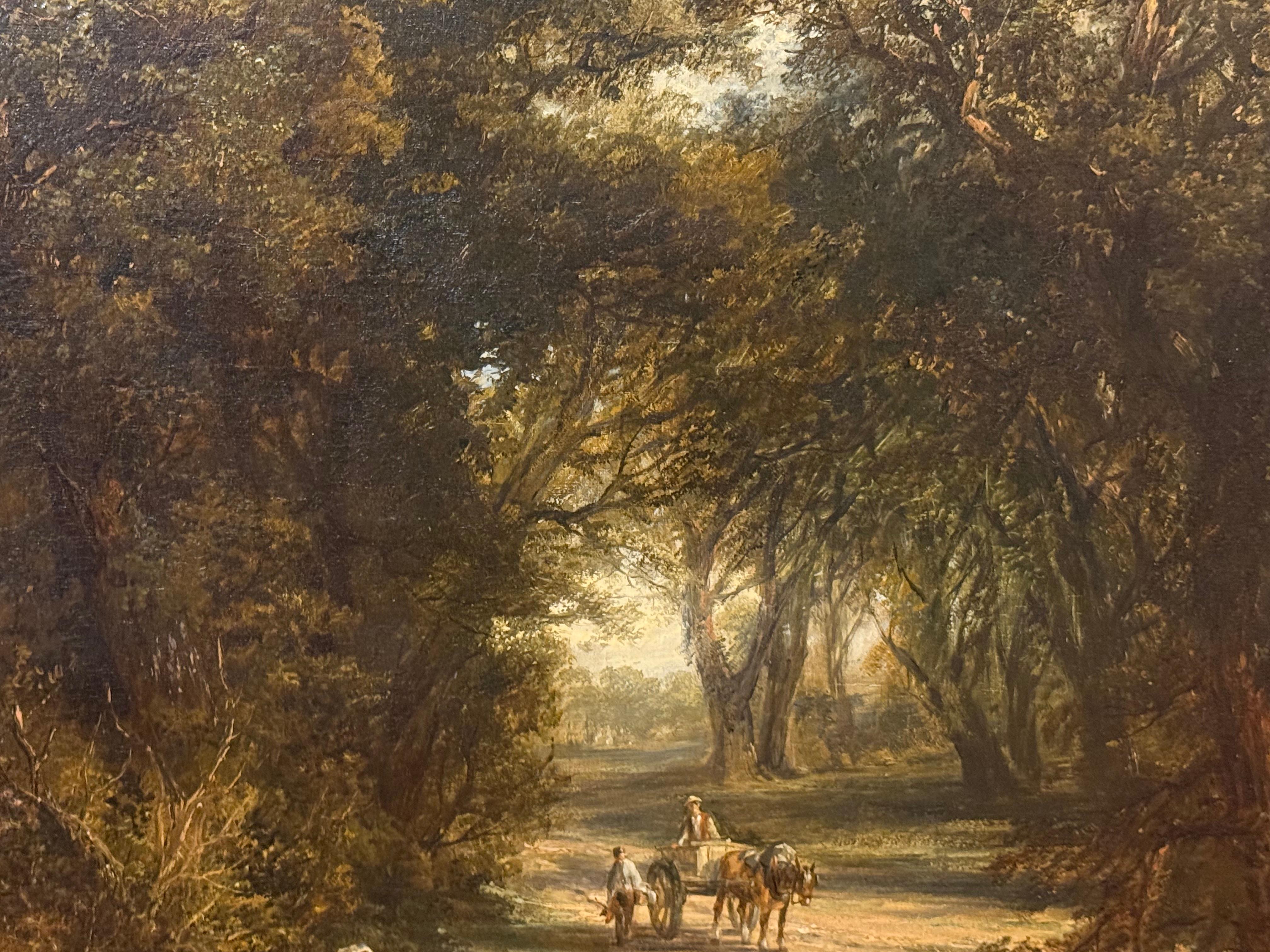 Bucolic woodland landscape with rustic bridge over a river, this is an English style oil on canvas original painting dating to the 19th century. A woman crossed the bridge, and another washes in the water. Down the path figures on a horse-drawn