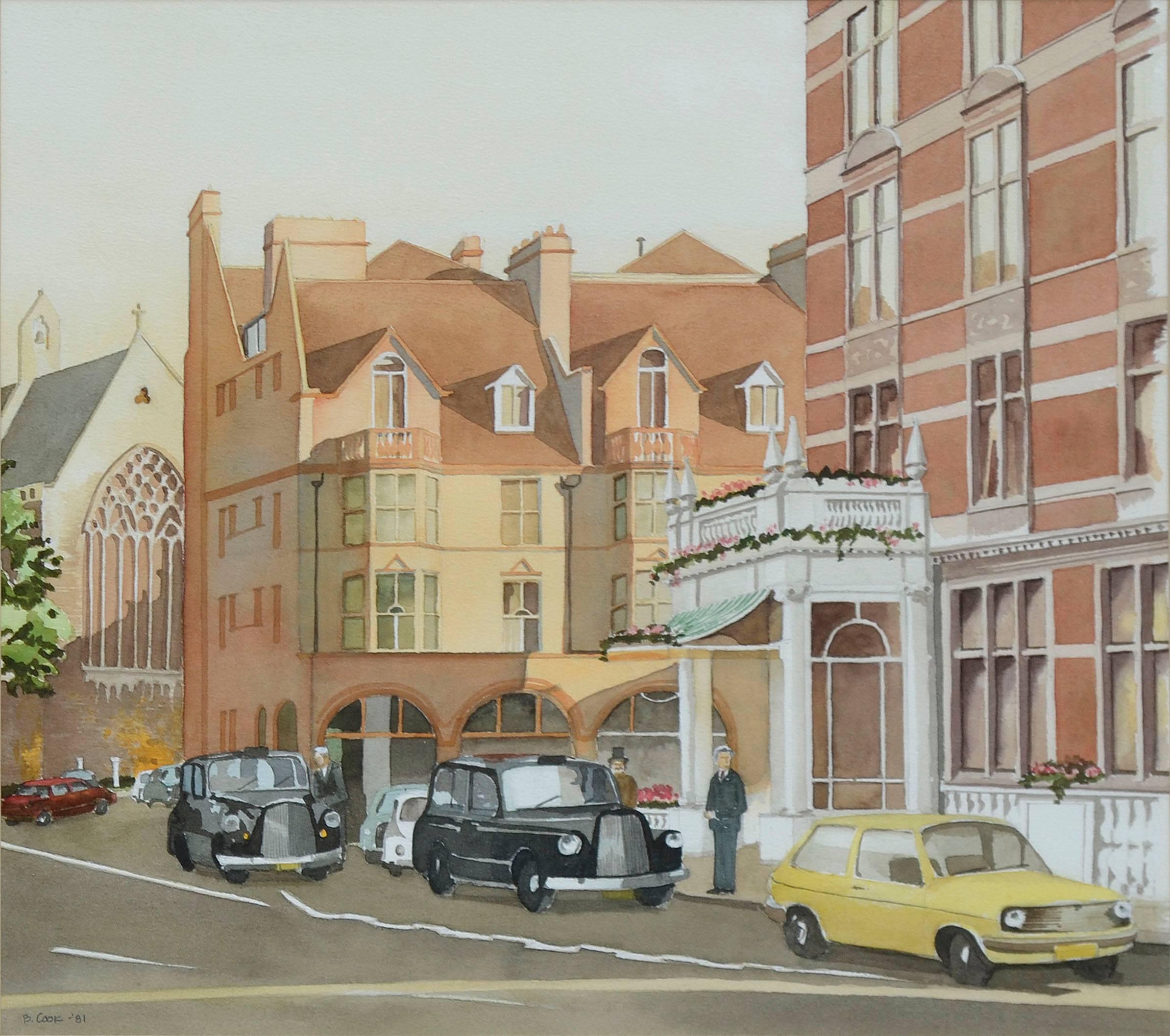 British Taxis for Hire - Figurative Urban Landscape  - Art by B Cook