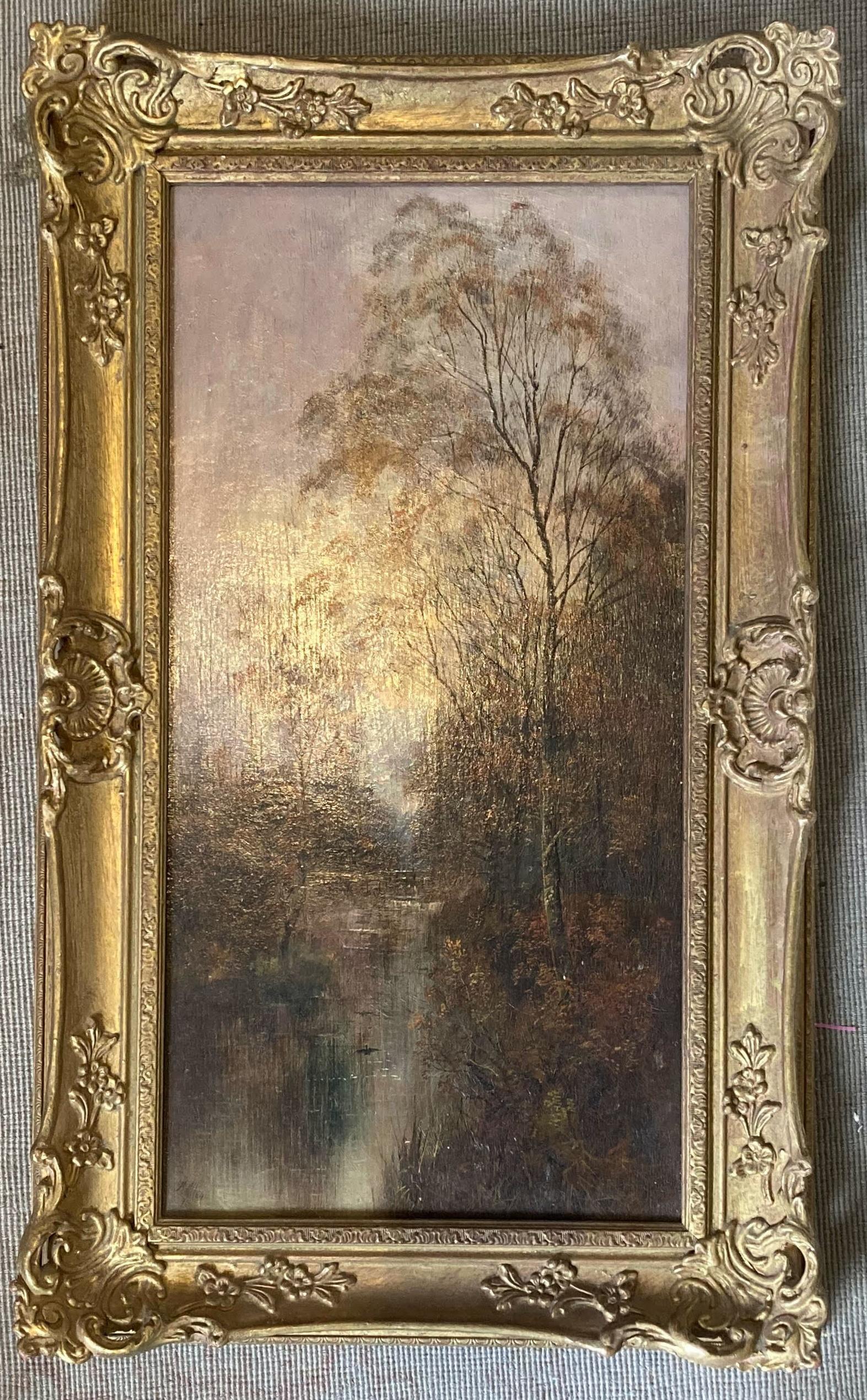Brook by the Church (Olio antico su pannello, firmato 