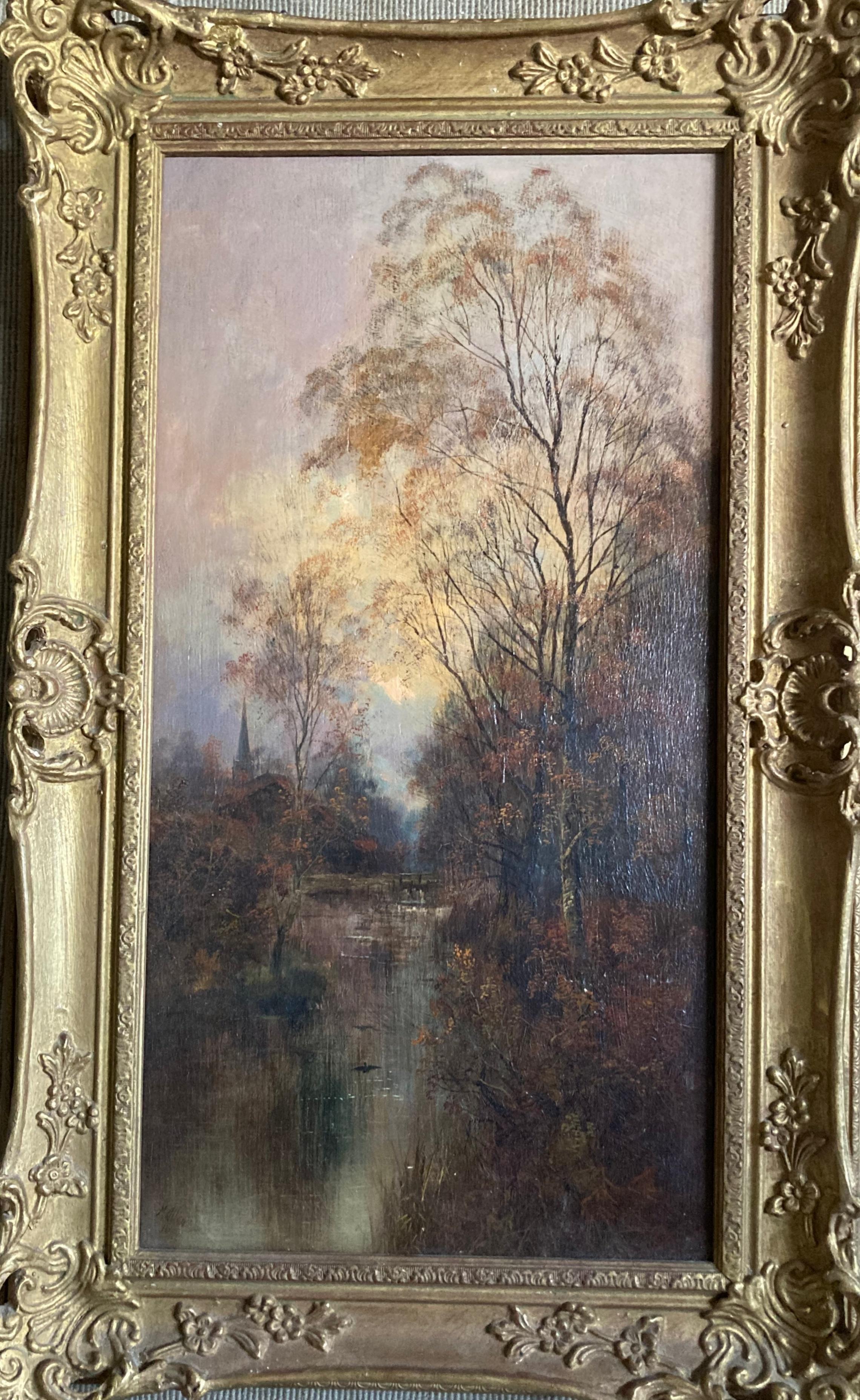 Brook by the Church (Olio antico su pannello, firmato 