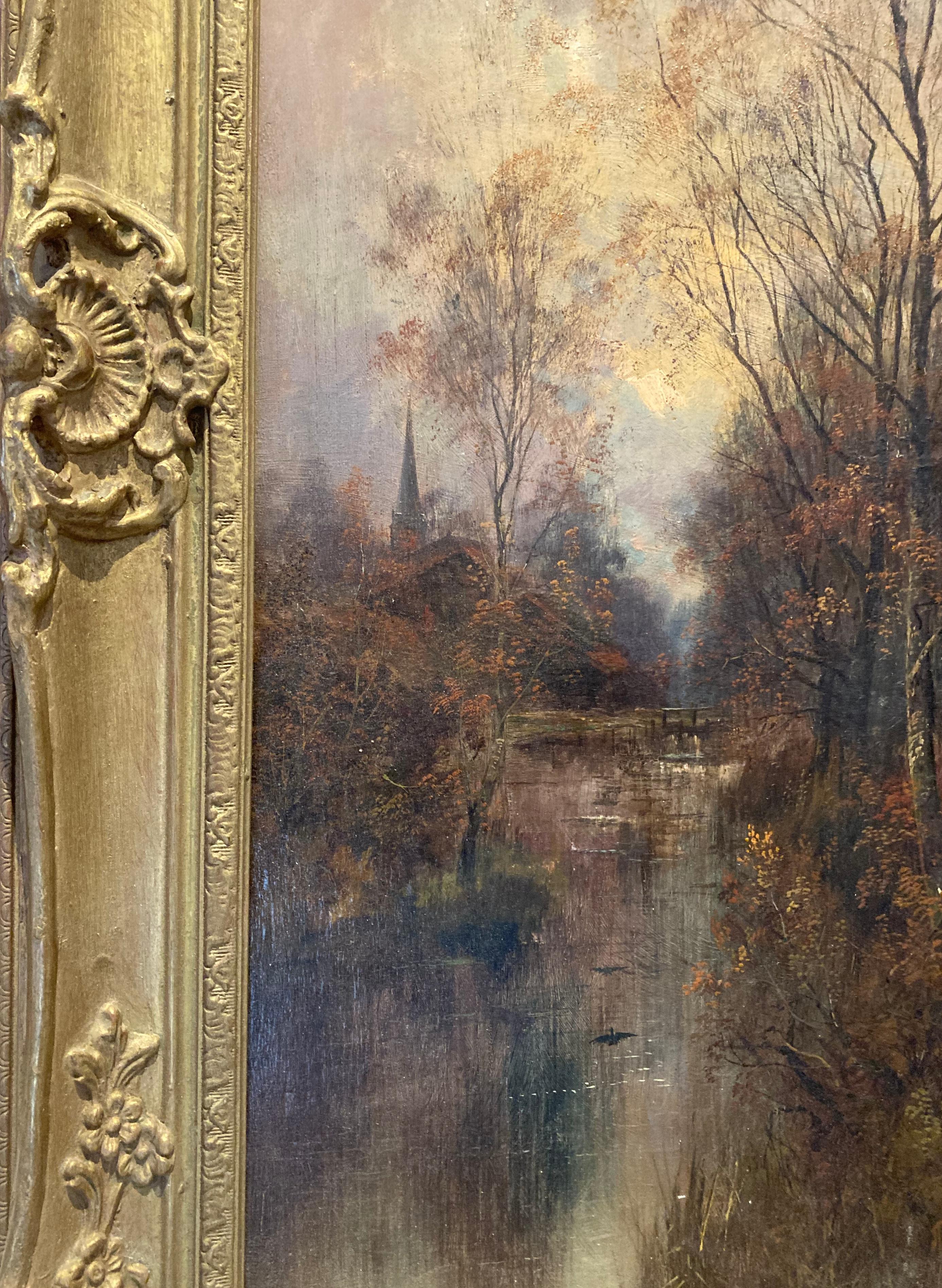 Brook by the Church (Olio antico su pannello, firmato 