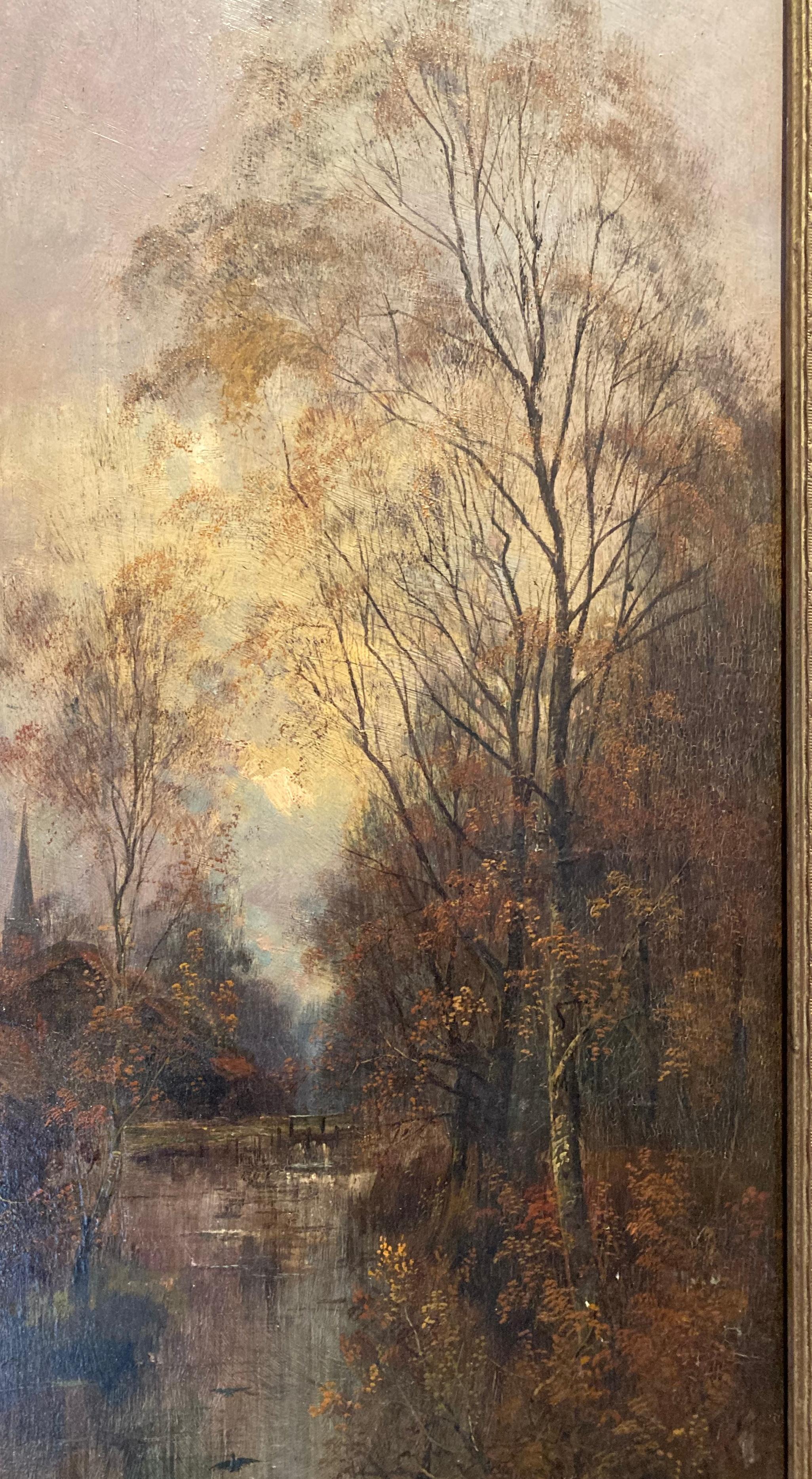 Un bellissimo paesaggio in stile Barbizon (anche se probabilmente non francese) di un ruscello che attraversa il bosco di sera, con una chiesa in lontananza. È firmata 