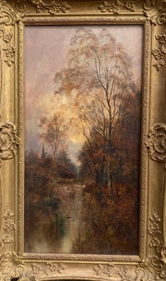 Brook by the Church (Antique Oil on Panel, signed "M. Allen", Framed)