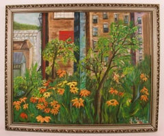 Vintage  Brooklyn Garden  City Scape Landscape  Painting