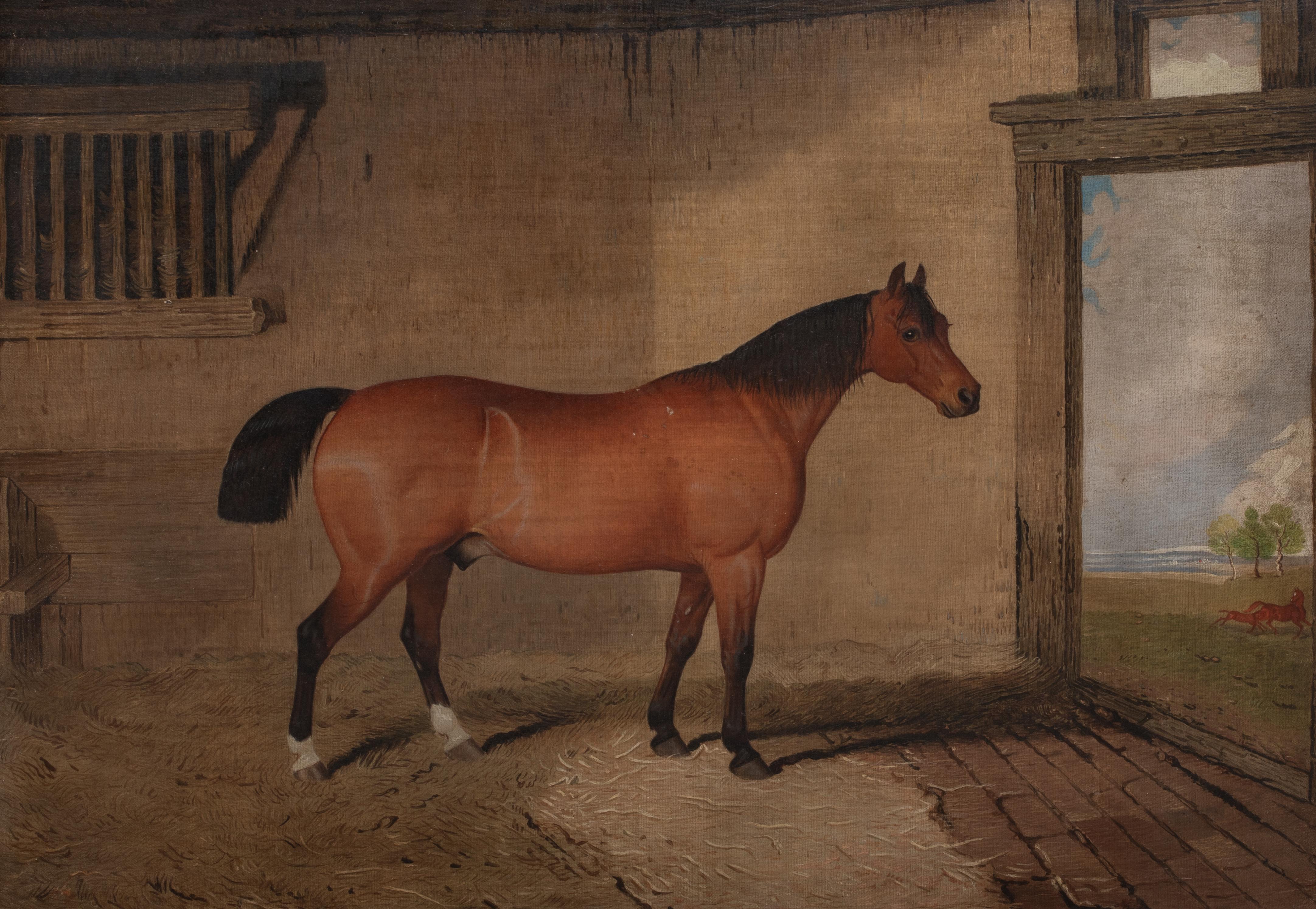 Brown Hunter In A Stable, 19th Century 

English School

Large 19th century English School portrait of a brown hunter at the entrance of a stable, oil on canvas. Circa 1880 excellent detail and large scale study of the horse presented in a good gilt