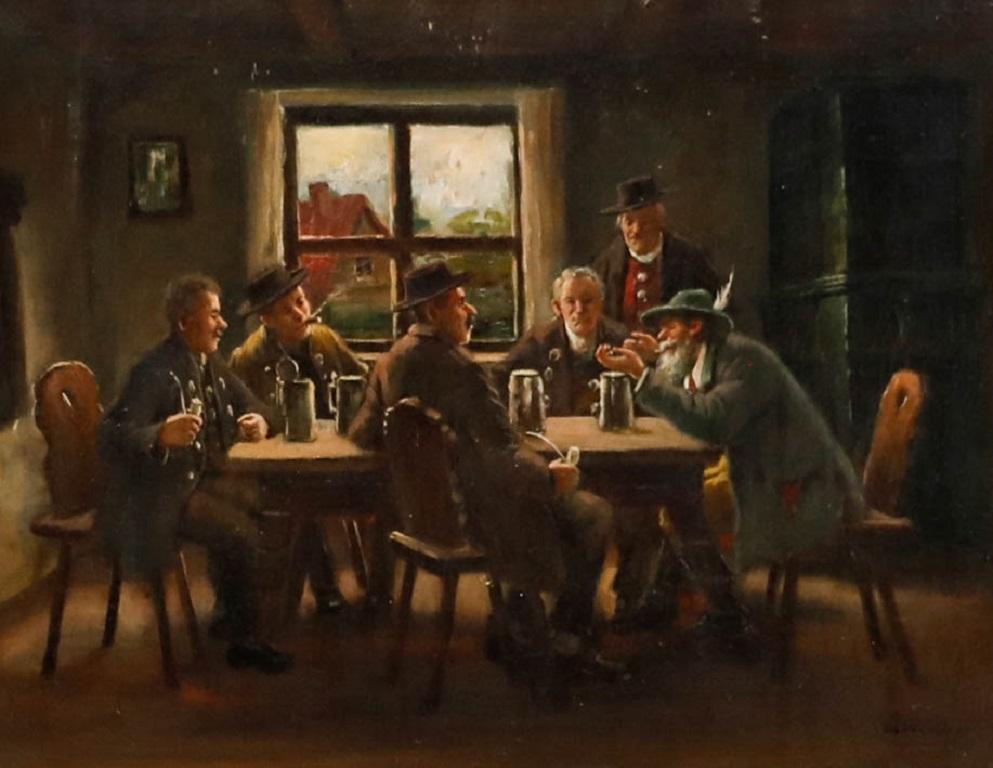 Bruno Blätter - Huile encadrée du XIXe siècle, Une chope avec des amis - Painting de Unknown