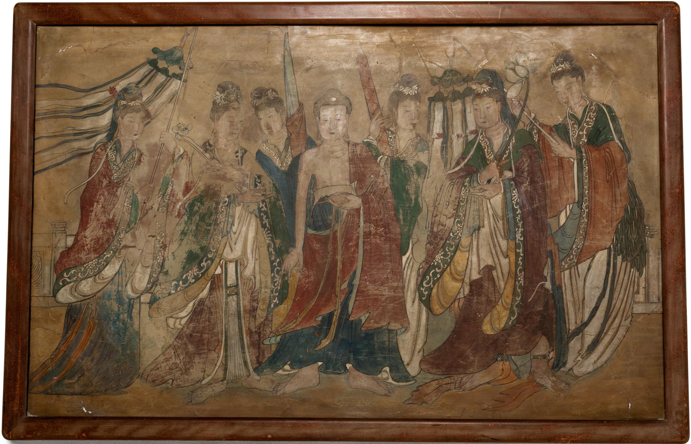 Unknown Figurative Painting - "Buddha Flanked by Female Attendants, " Gouache on Wood Panel, c. 1600