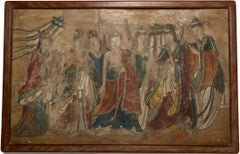 Buddha Flanked by Female Attendants, Chinese Gouache Mural, Ming dynasty