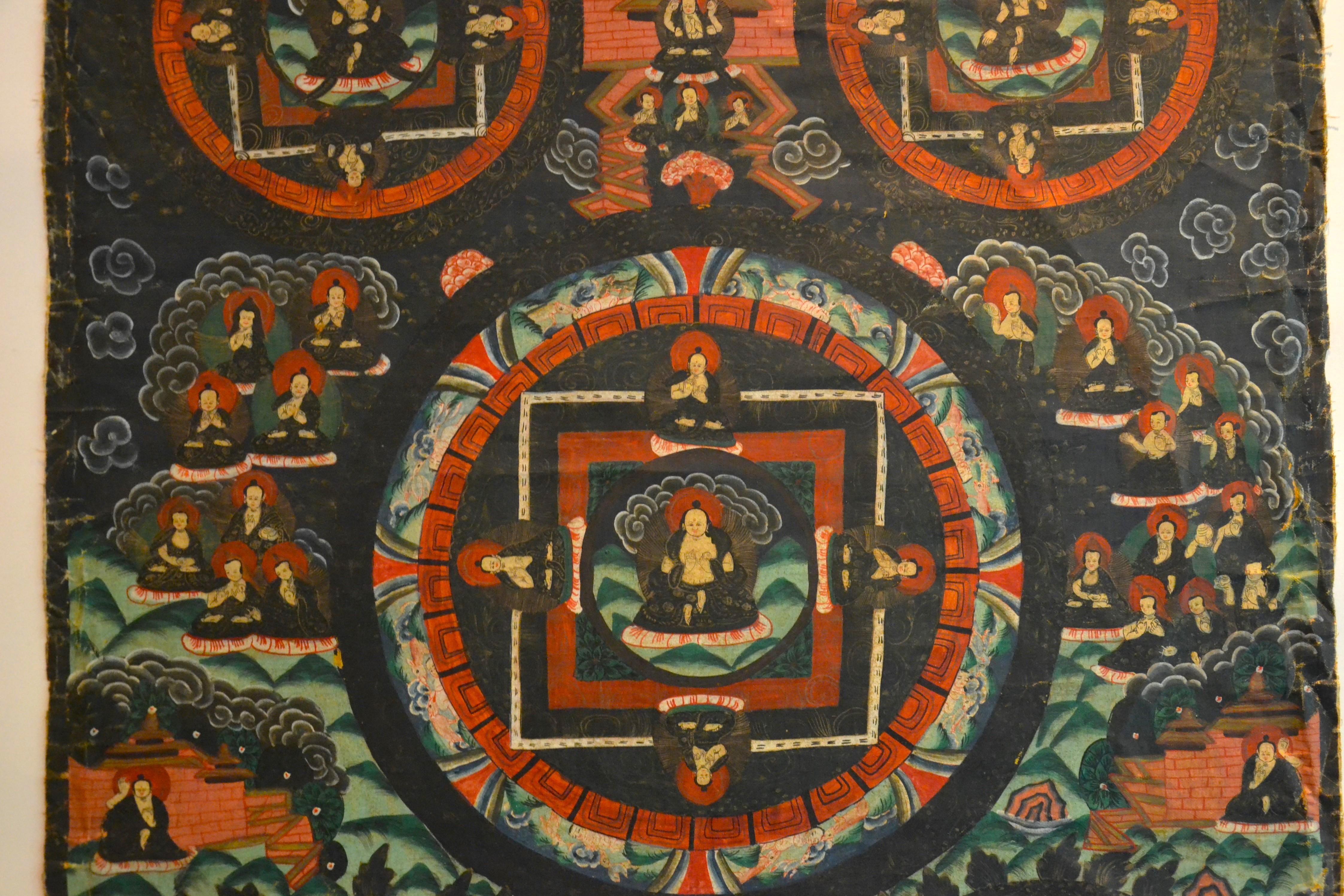 Buddha Mudra Mandala - Vintage Tibetan Thangka - Early 20th Century - Brown Figurative Painting by Unknown