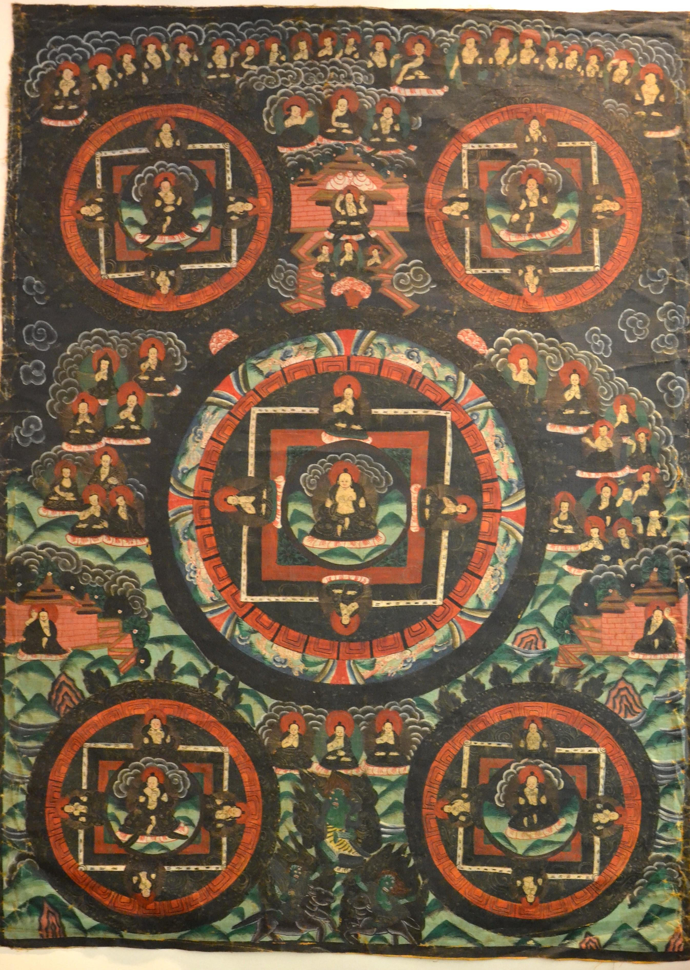 Unknown Figurative Painting - Buddha Mudra Mandala - Vintage Tibetan Thangka - Early 20th Century