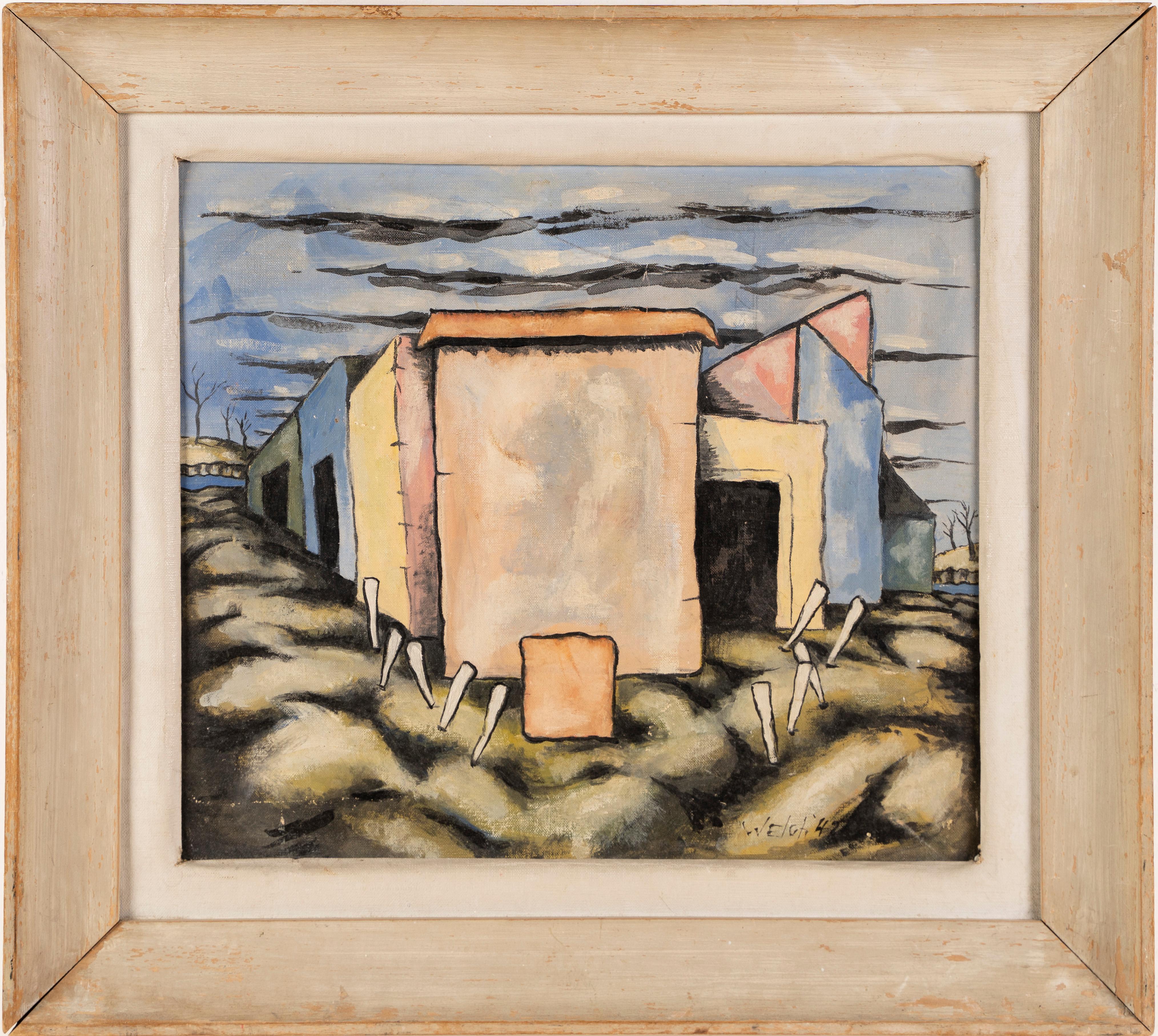 Buffalo New York Regionalist Moderne Landschaft Signiert Ausgestellt Seltenes Ölgemälde (Beige), Landscape Painting, von Unknown