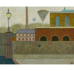 Buildings and Lamp, Oil on Board Painting by John Christopherson, 1977