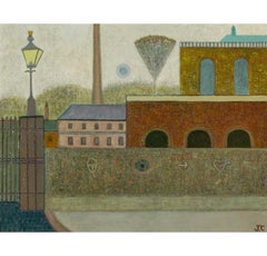 Edifici e lampada, dipinto a olio su tavola di John Christopherson, 1977
