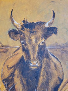 Bull Grazing, Late 20th Century Acrylic on Canvas, Signed, 100x50 cm
