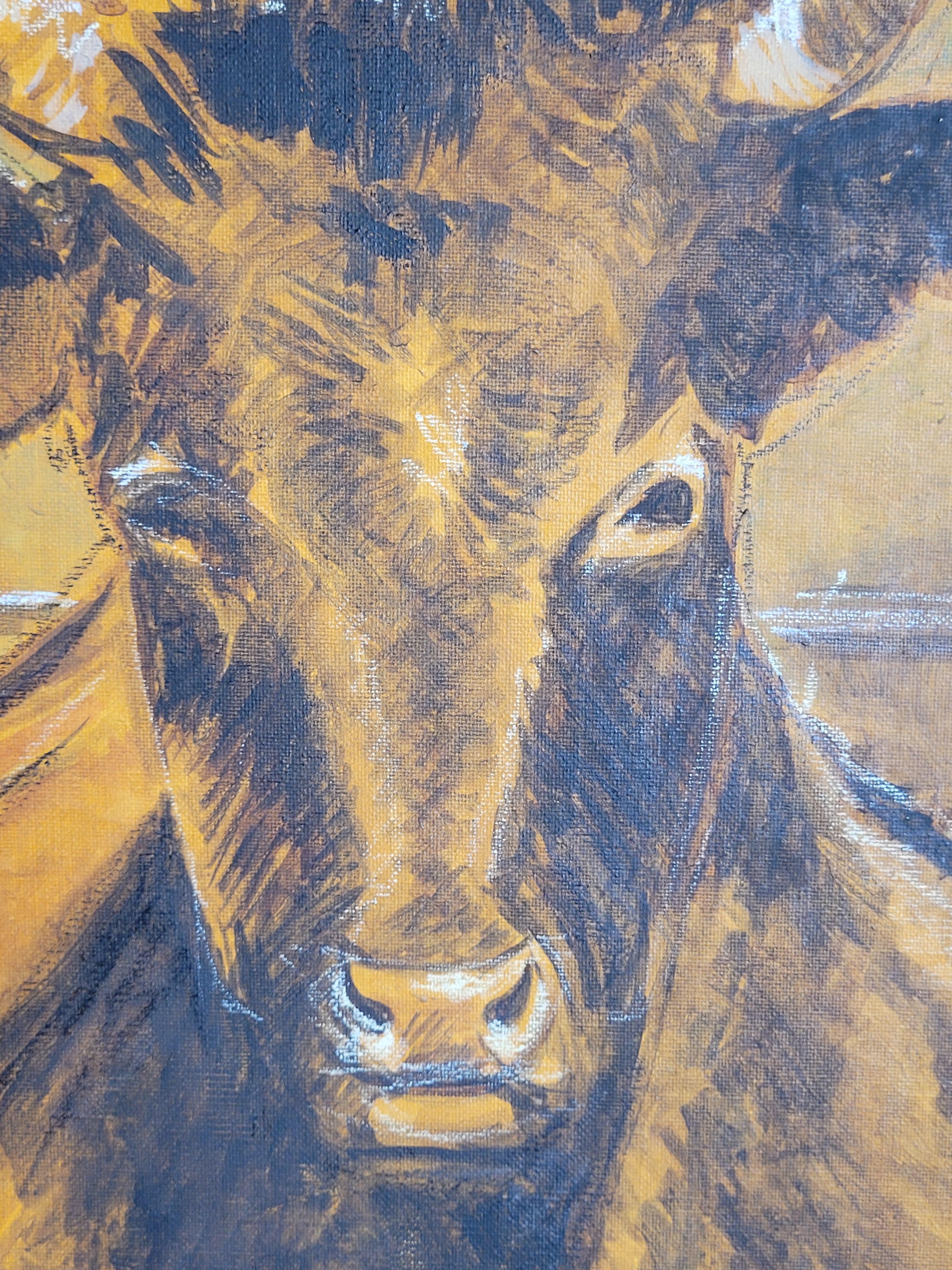 Bull grazing. - Gray Animal Painting by Unknown