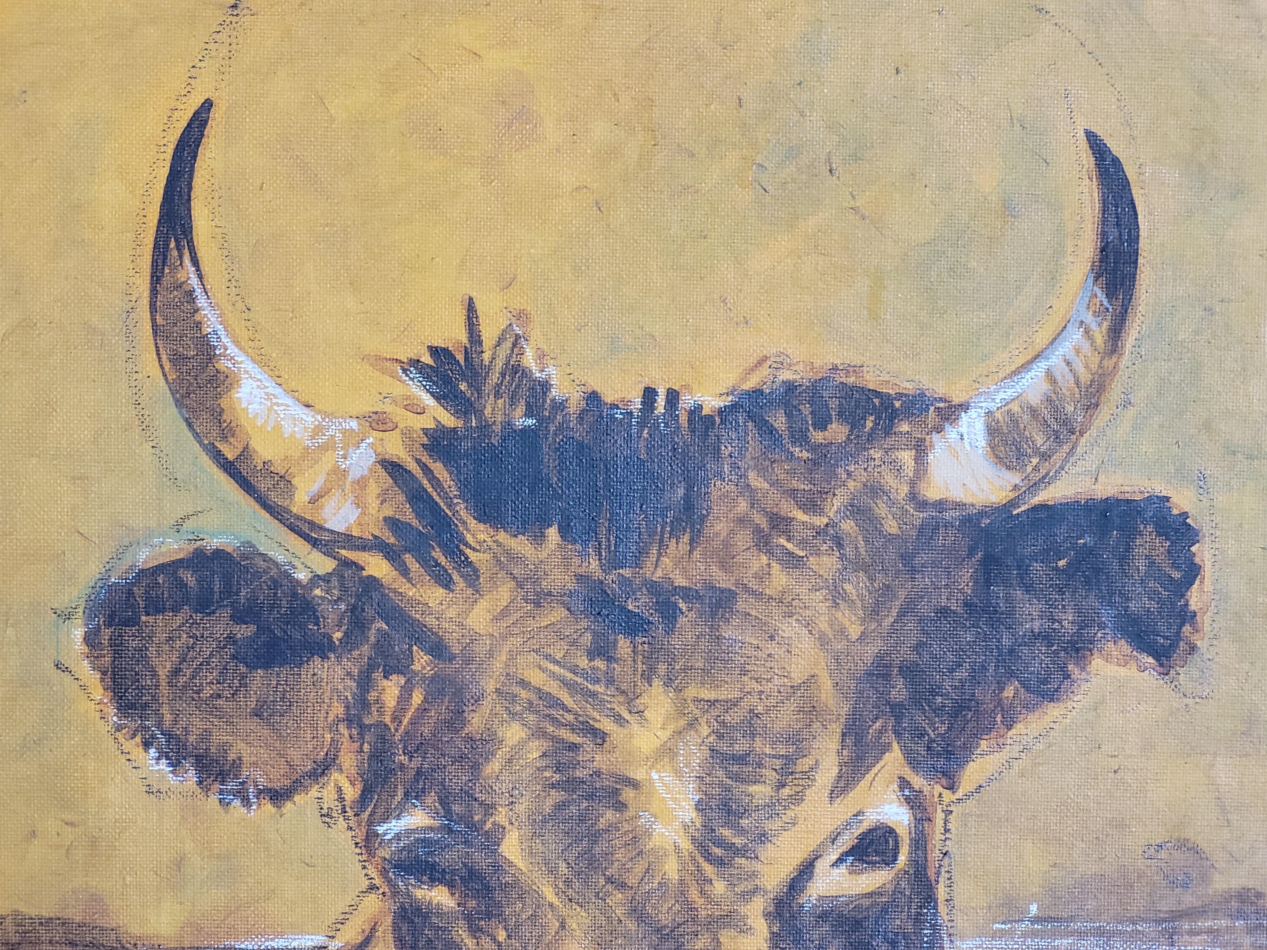 Late 20th century French acrylic on canvas of a grazing bull. Signed bottom right. Signature as yet undeciphered.

This artwork compellingly captures the raw majesty of a bull standing amidst tall grasses. Dominated by earthy tones, the piece uses a