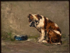 Bulldog with a Food Bowl-oil on board, early 20th century, French.