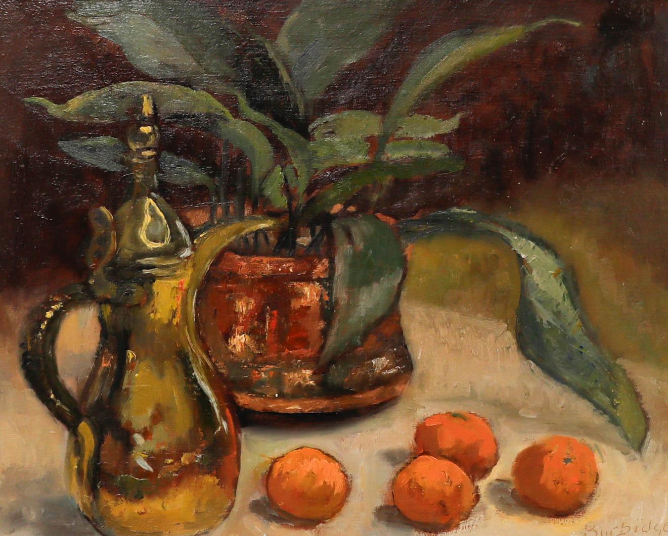 Burbidge - Olio del XX secolo, Natura morta con pianta in vaso e albicocche - Painting di Unknown