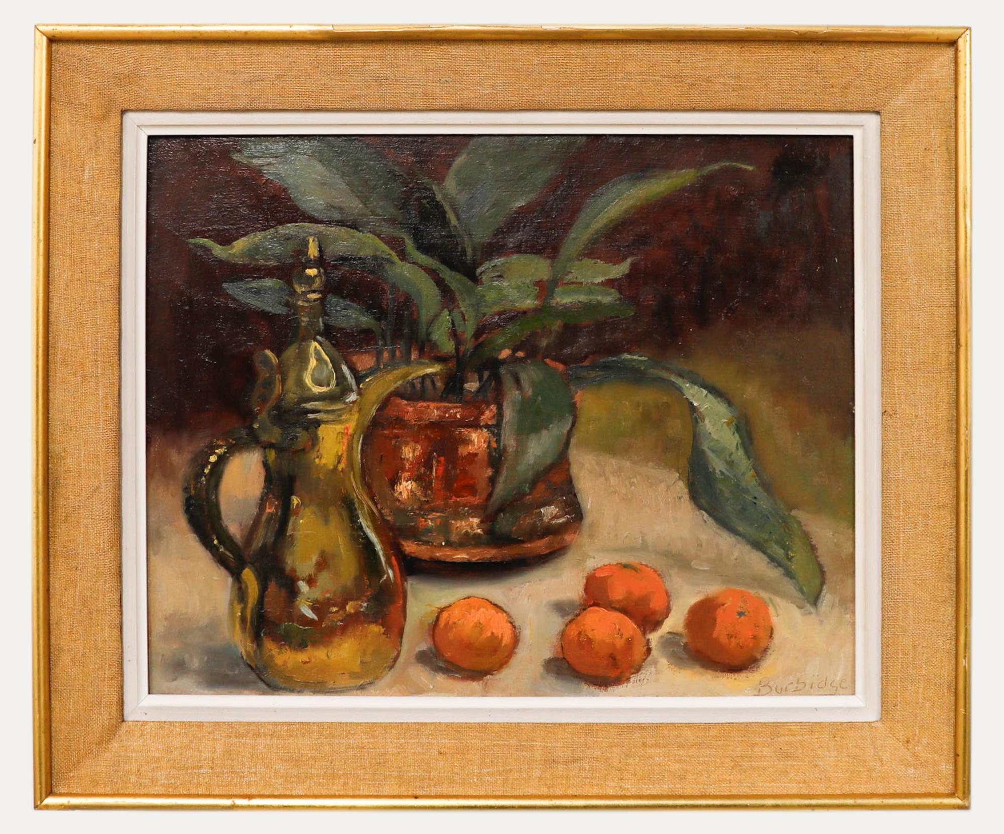 Still-Life Painting di Unknown - Burbidge - Olio del XX secolo, Natura morta con pianta in vaso e albicocche