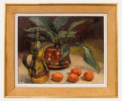 Burbidge - 20th Century Oil, Still Life with Potted Plant and Apricots
