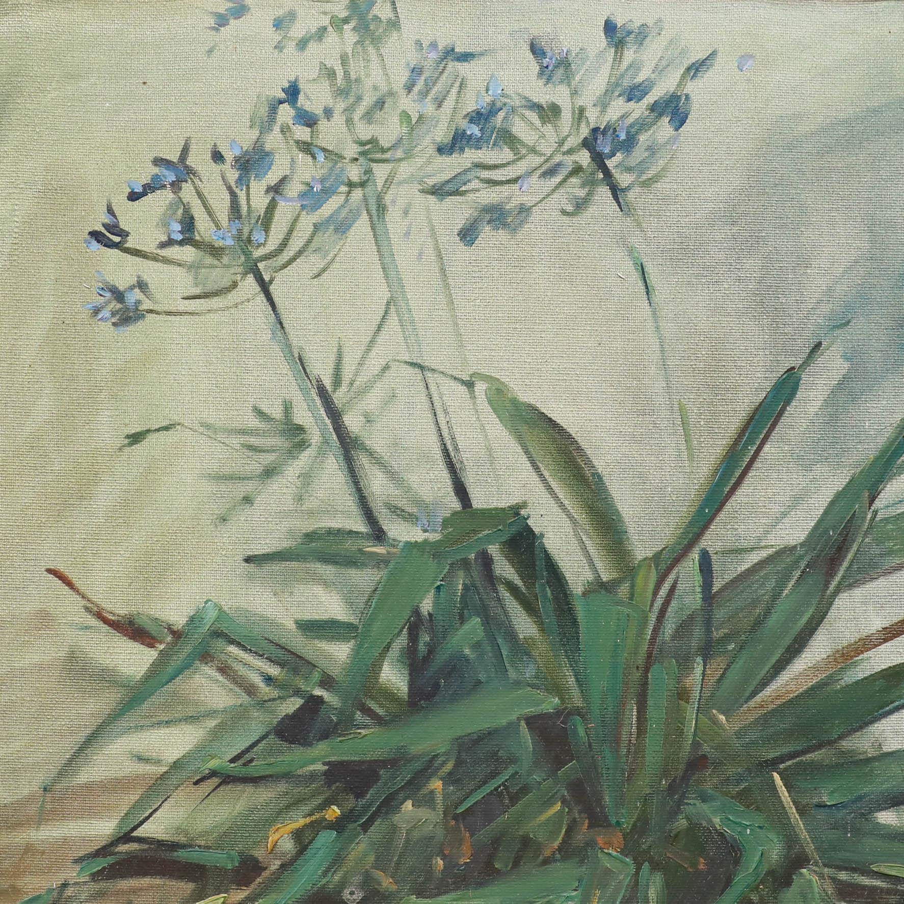 A dynamic oil study of Giant Agapanthus flourishing in a rustic wooden planter. Well presented in a gilt effect frame. Signed to the lower left. On canvas on stretchers.