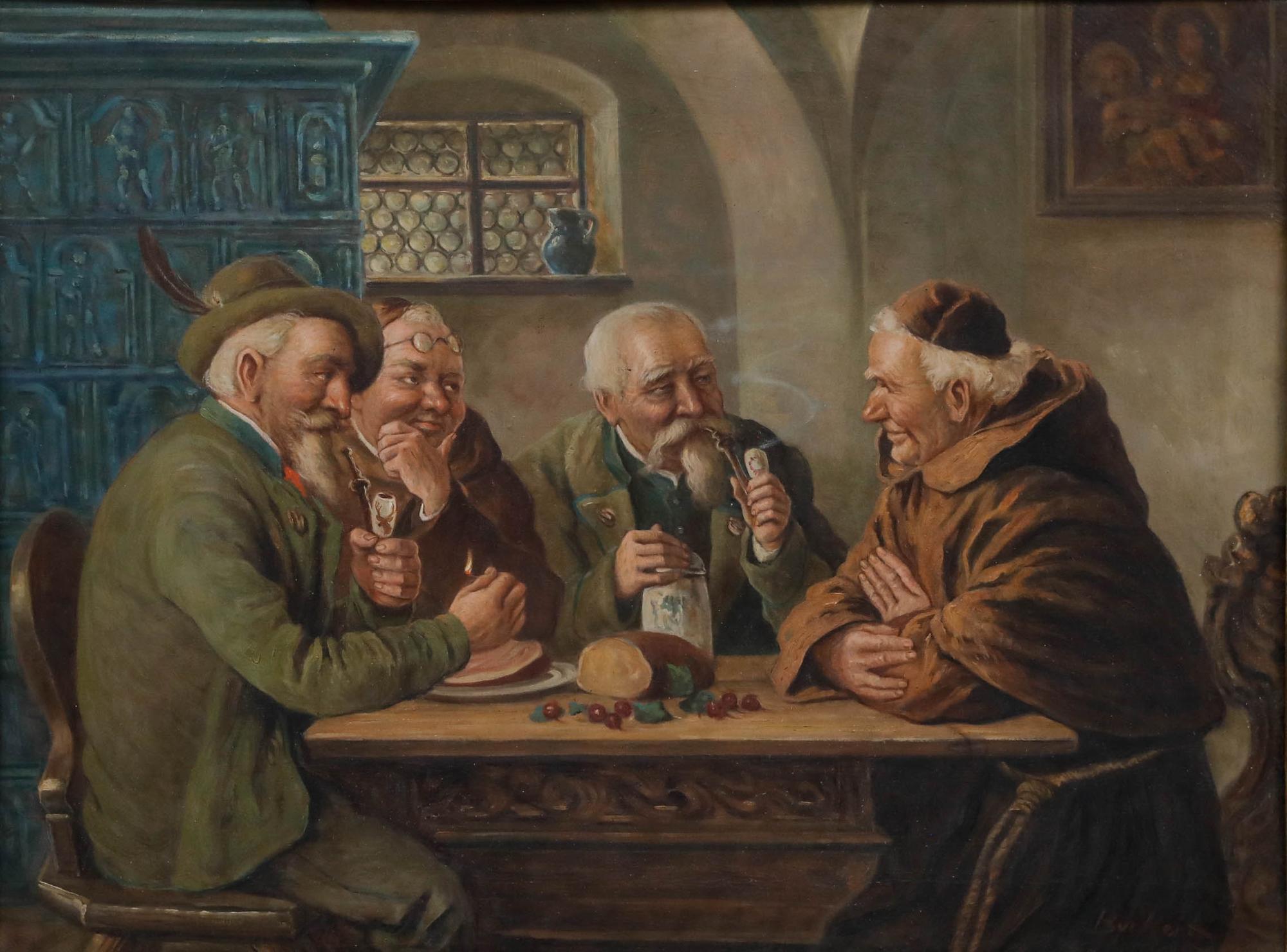Burkert – Deutsche Schule, Mitte des 20. Jahrhunderts, Öl, Abende in der Tavern – Painting von Unknown